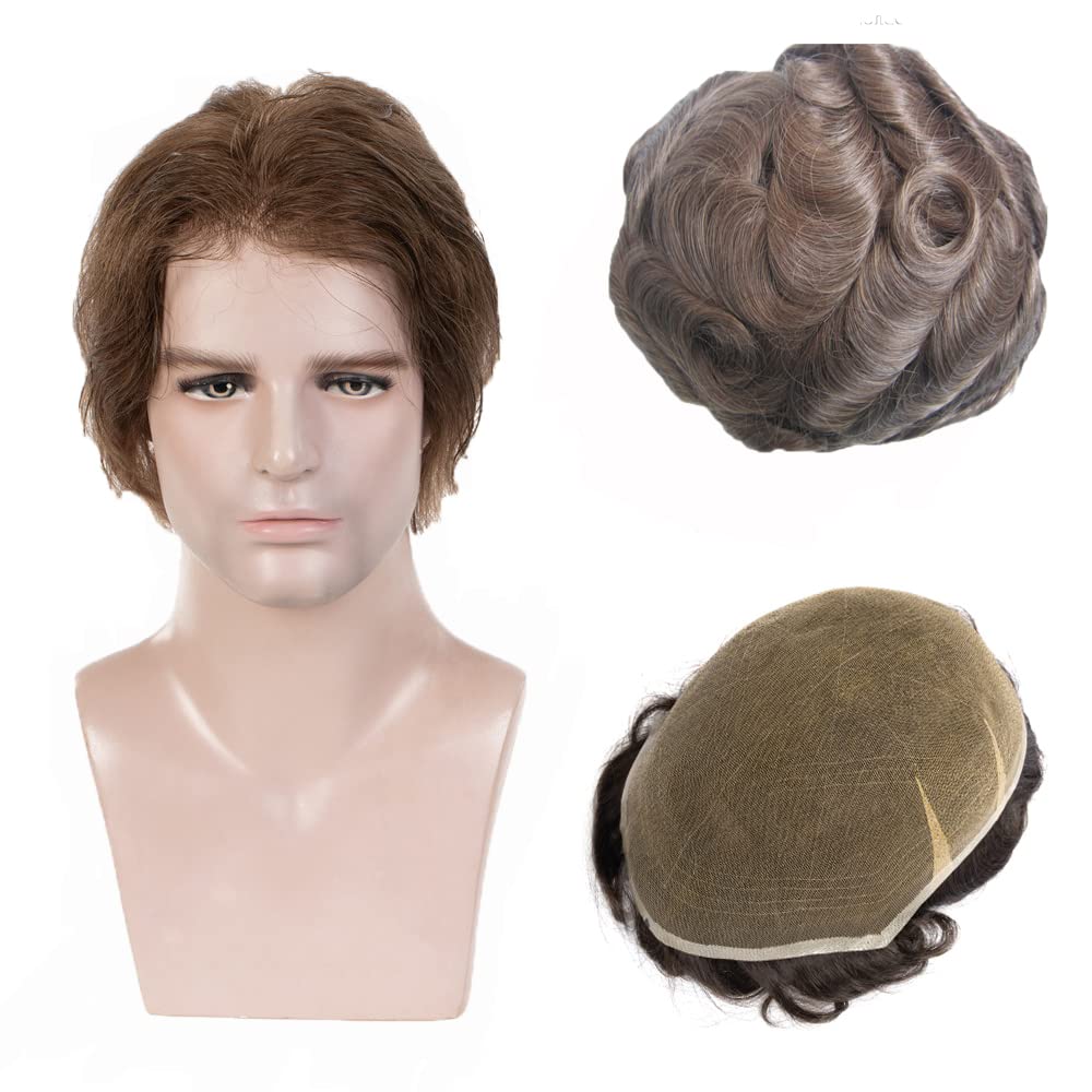 Premium French Lace Toupee for Men - 100% European Human Hair Replacement System with Soft Thin Lace Base - Natural Blonde #6 Hairpiece - Perfect for Daily Wear, Special Occasions & Hair Loss Solutions