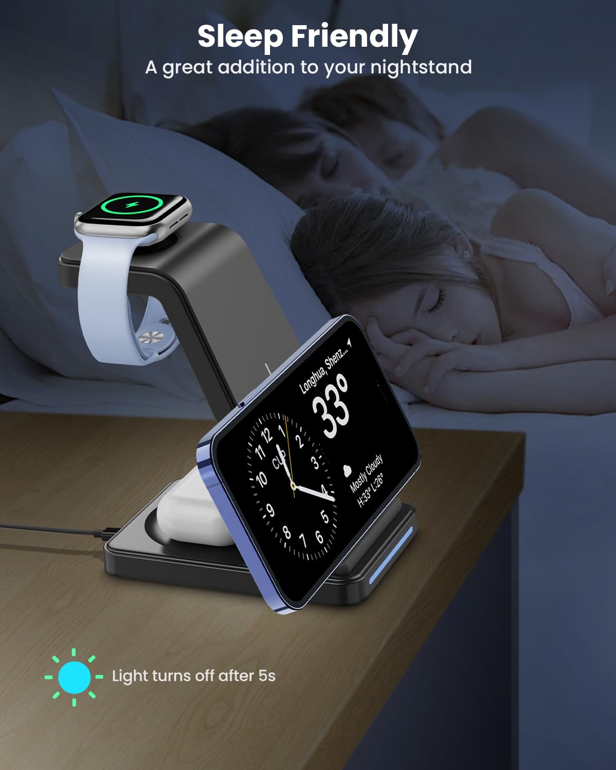 3-in-1 Wireless Charging Station for iPhone 15/14/13/12/Pro Max/SE/XS/X, Apple Watch 8/7/SE/6/5/4/3/2 & AirPods Pro/3/2 - Fast Qi-Certified Charger Stand Dock for Home, Office & Travel