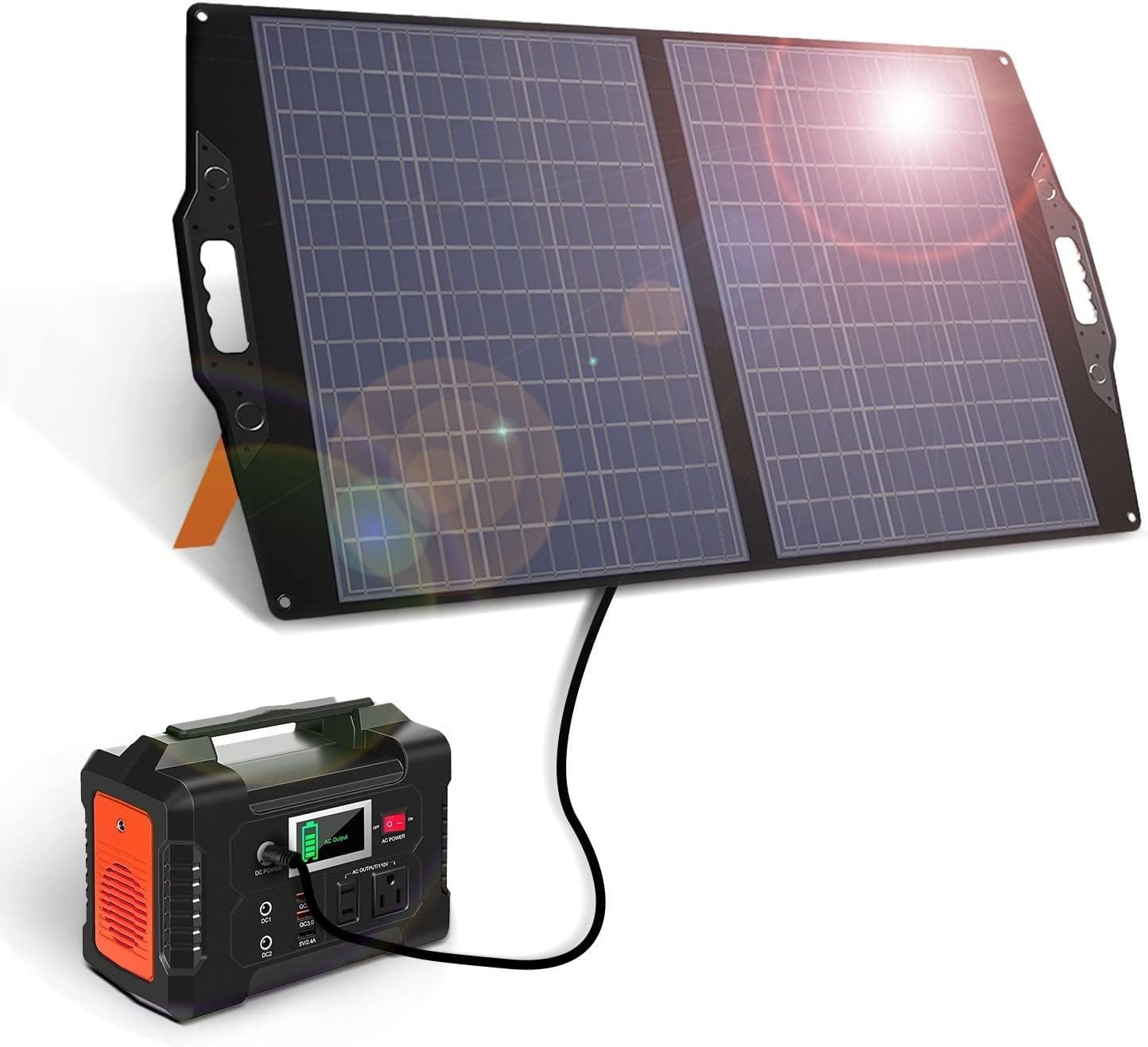 100W Foldable Solar Panel Charger Kit with 20-28V DC Output for Jackery/Rockpals Power Stations - Portable Solar Generator with USB-A, USB-C & QC 3.0 for Outdoor Emergencies, Camping, Van Life & Off-Grid Power