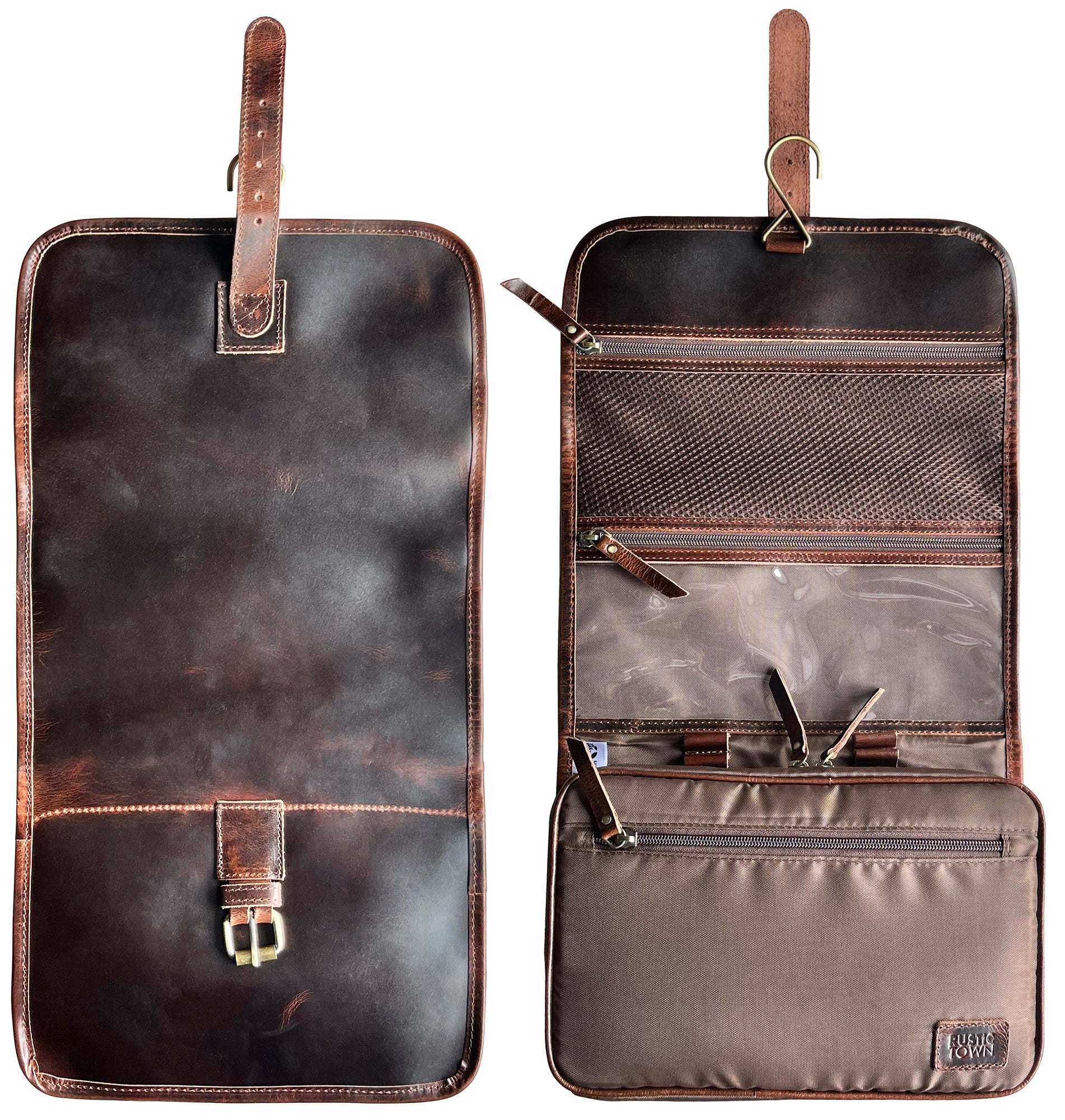 Premium Leather Hanging Toiletry Bag for Men & Women - Travel Cosmetic Organizer with Multiple Pockets - Perfect for Vacation, Gym, Camping & Business Trips