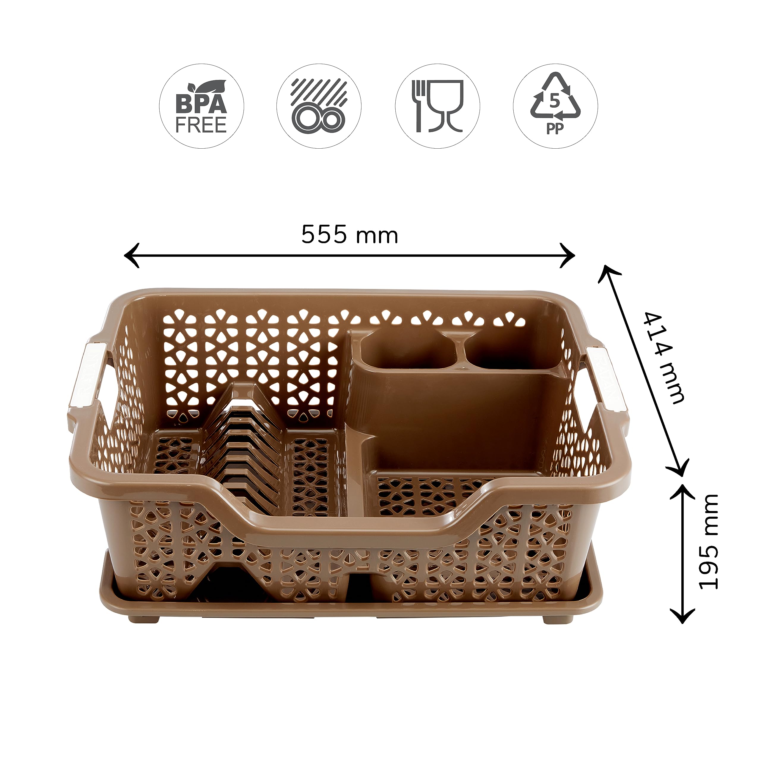 KOLORR Florina Extra Large Dish Rack with Drainer Tray - 22 x 16 Inches Jumbo Kitchen Sink Organizer | Brown Countertop Drying Rack for Utensils, Plates & Cups | Perfect for Small Kitchens & Apartments