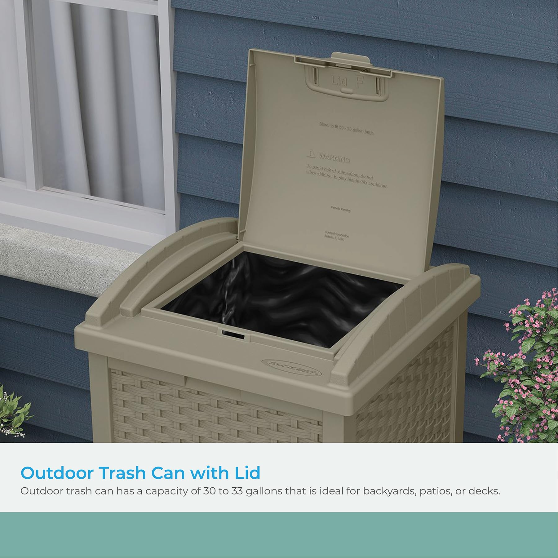 Suncast 33 Gallon Outdoor Trash Can with Lid - Durable Resin Hideaway Garbage Bin for Patio, Backyard & Deck - Weatherproof Dark Taupe Design - Perfect for BBQs, Poolside & Outdoor Entertaining