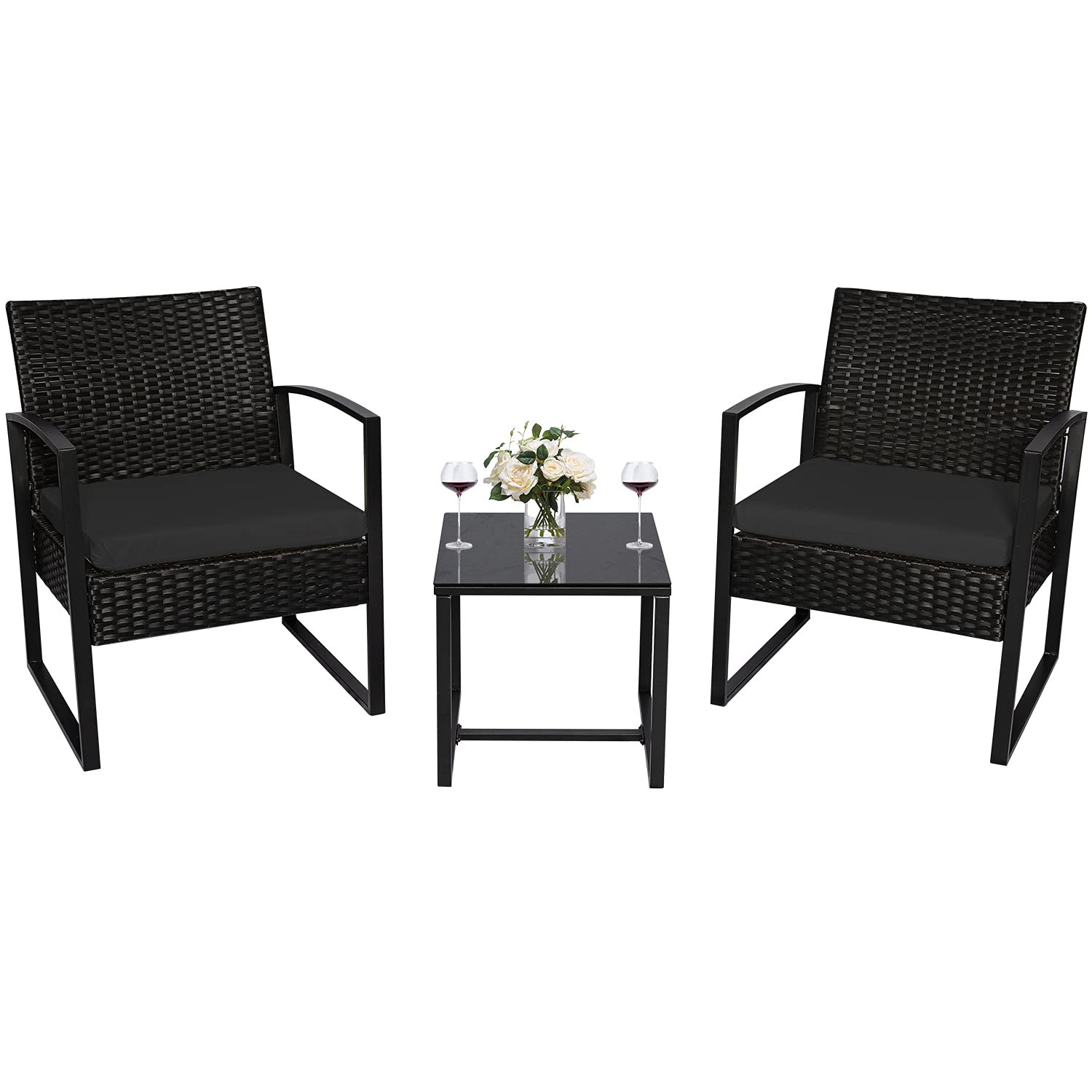 3-Piece Outdoor Patio Furniture Set - Modern Wicker Bistro Set with Rattan Chairs & Coffee Table - Black - Perfect for Garden, Balcony, and Backyard Relaxation