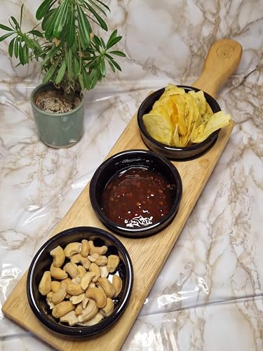 Handmade Wooden Serving Tray with 4 Ceramic Bowls - Perfect for Sauces, Dips, Snacks & Charcuterie - Natural Wood Cheese Board for Entertaining, Parties & Home Decor