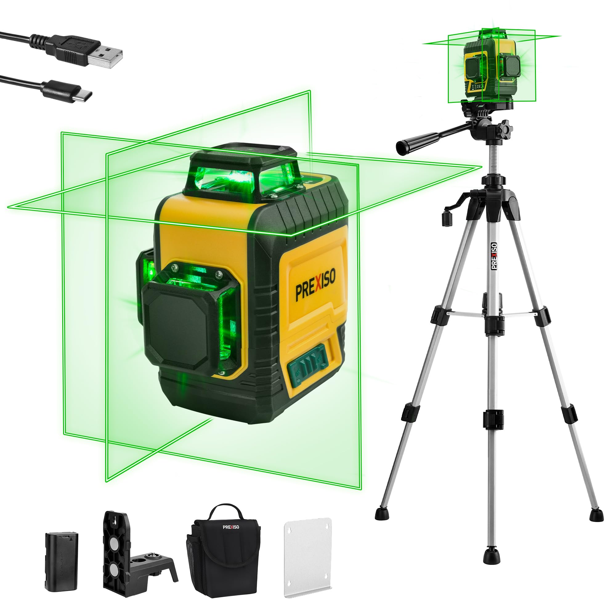 PREXISO 3 X 360° Green Beam Laser Level with Tripod - Self-Leveling Rechargeable Cross Line Laser Leveler (82Ft Range) for Construction, Tile Work, Home Renovation - Includes Magnetic Base, Iron Plate & Carrying Bag - Perfect for Wall Alignment, Floor Tiling & DIY Projects