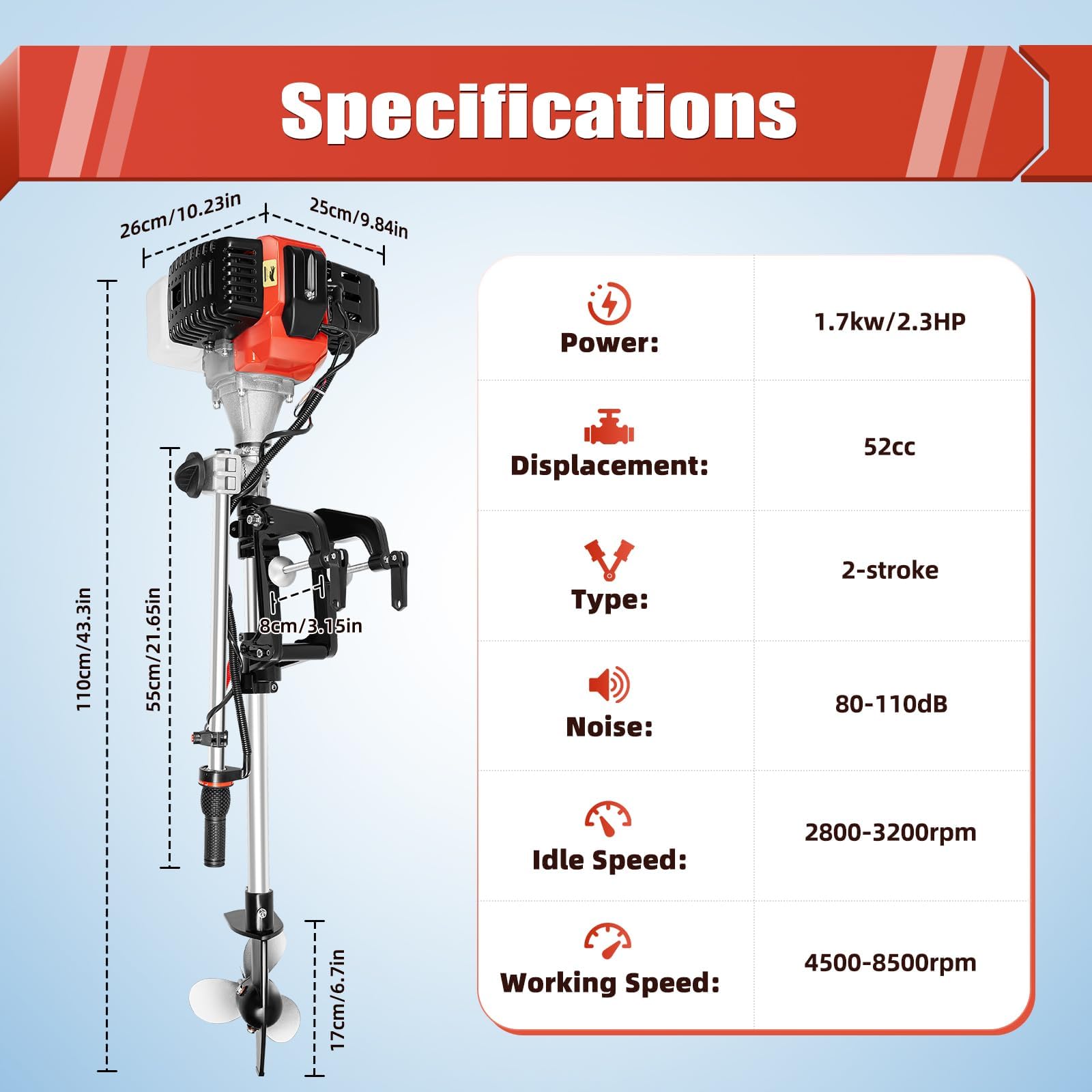 52cc Single Cylinder 2.3HP Gas Outboard Motor - Long Shaft Air Cooled Engine for Inflatable Boats, Fishing Boats, Yachts & Water Sports | Perfect for Lake Fishing, River Cruising & Marine Recreation