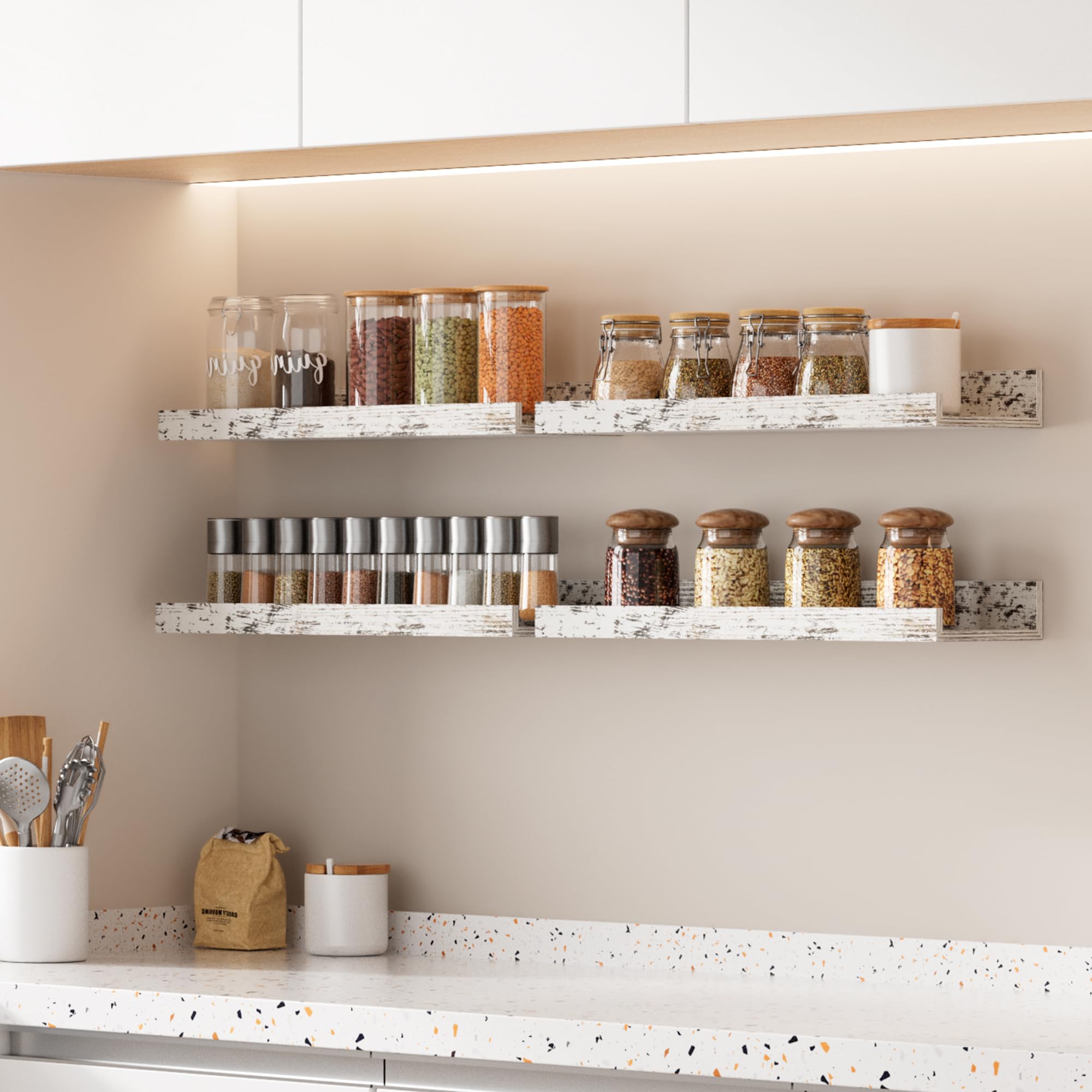 Upsimples Floating Shelves for Wall - Set of 6 Wooden Mounted Shelves, Rustic White Home Decor Storage for Bedroom, Living Room, Bathroom & Kitchen - Perfect for Displaying Photos, Books and Decorative Items