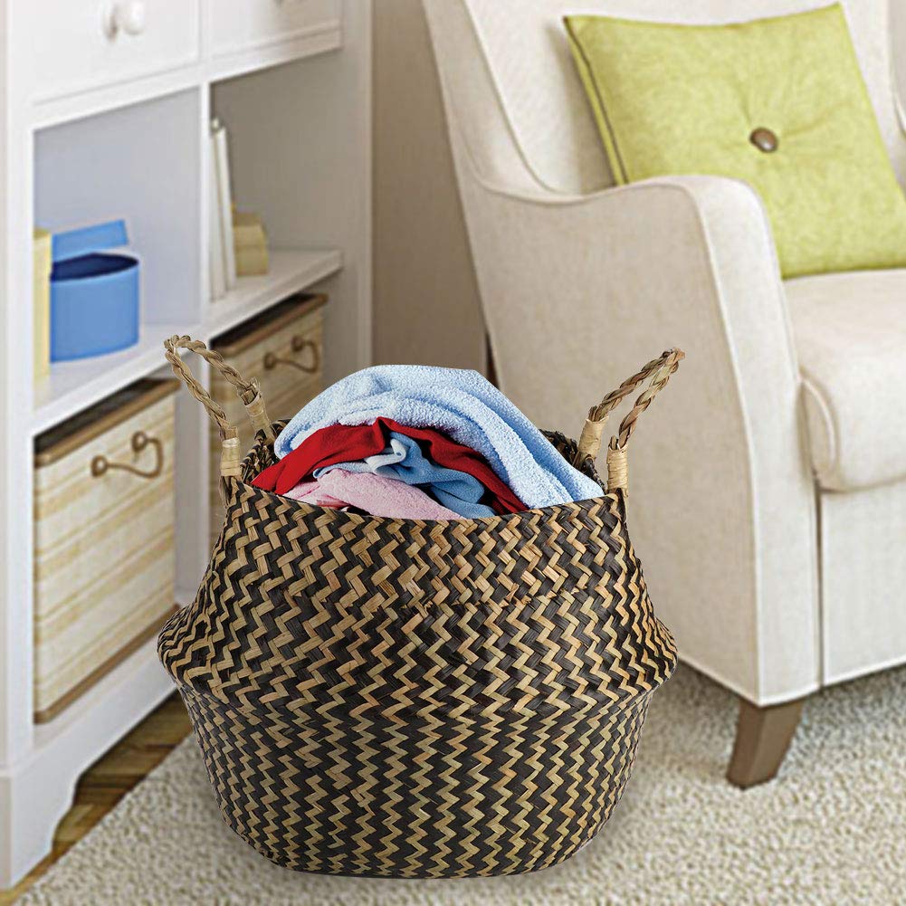 Alvinlite Hand-Woven Foldable Storage Baskets - Eco-Friendly Seagrass & Seaweed Woven Organizer for Clothes, Toys, Blankets & Plant Pots (Black) | Perfect for Home, Nursery & Office Organization