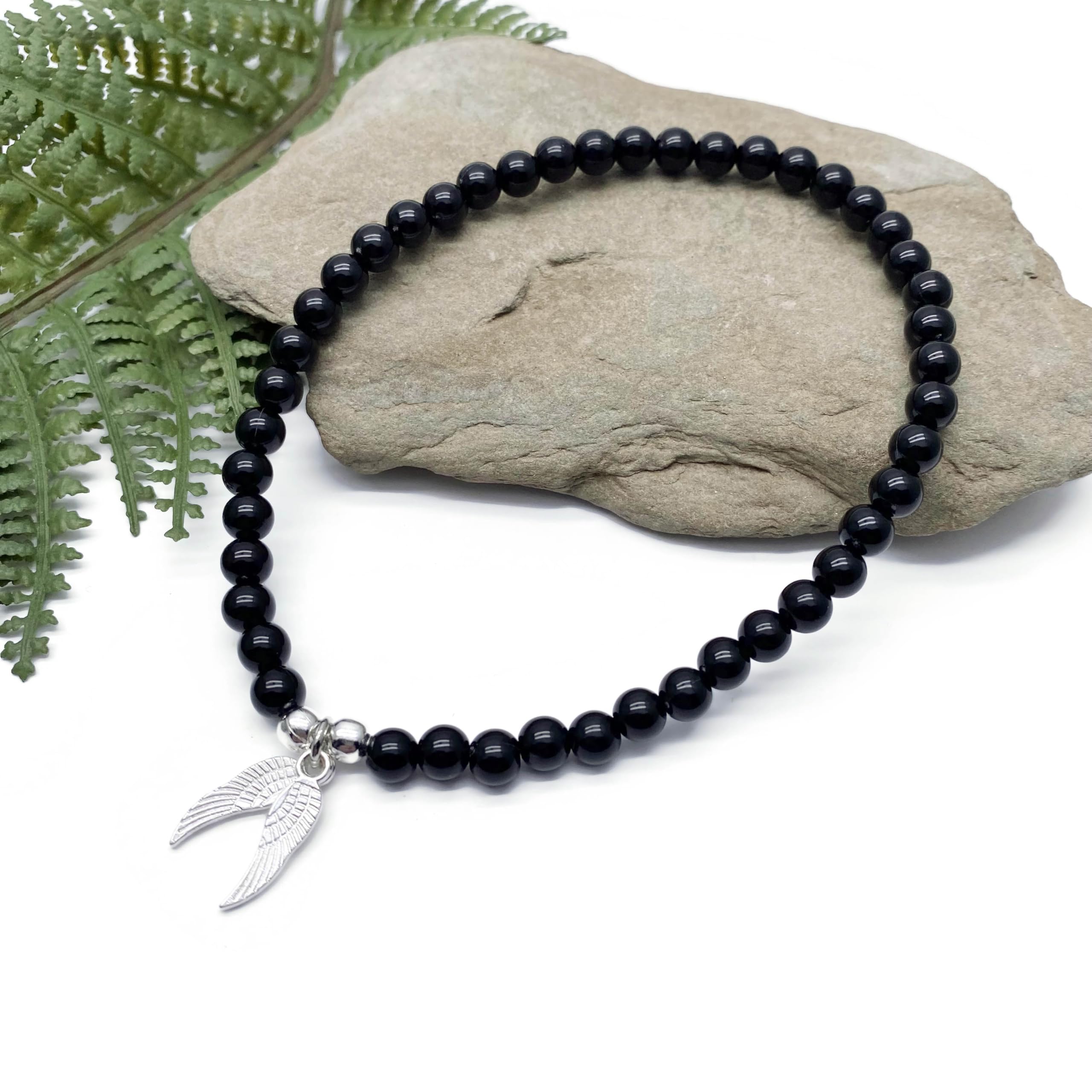 Angel Wings Charm Anklet - 6mm Black Acrylic Beaded Elastic Ankle Bracelet for Women | Adjustable 10-inch Size M/L | Stylish Everyday & Beach Jewelry | Perfect for Summer Outfits, Vacations and Boho Fashion