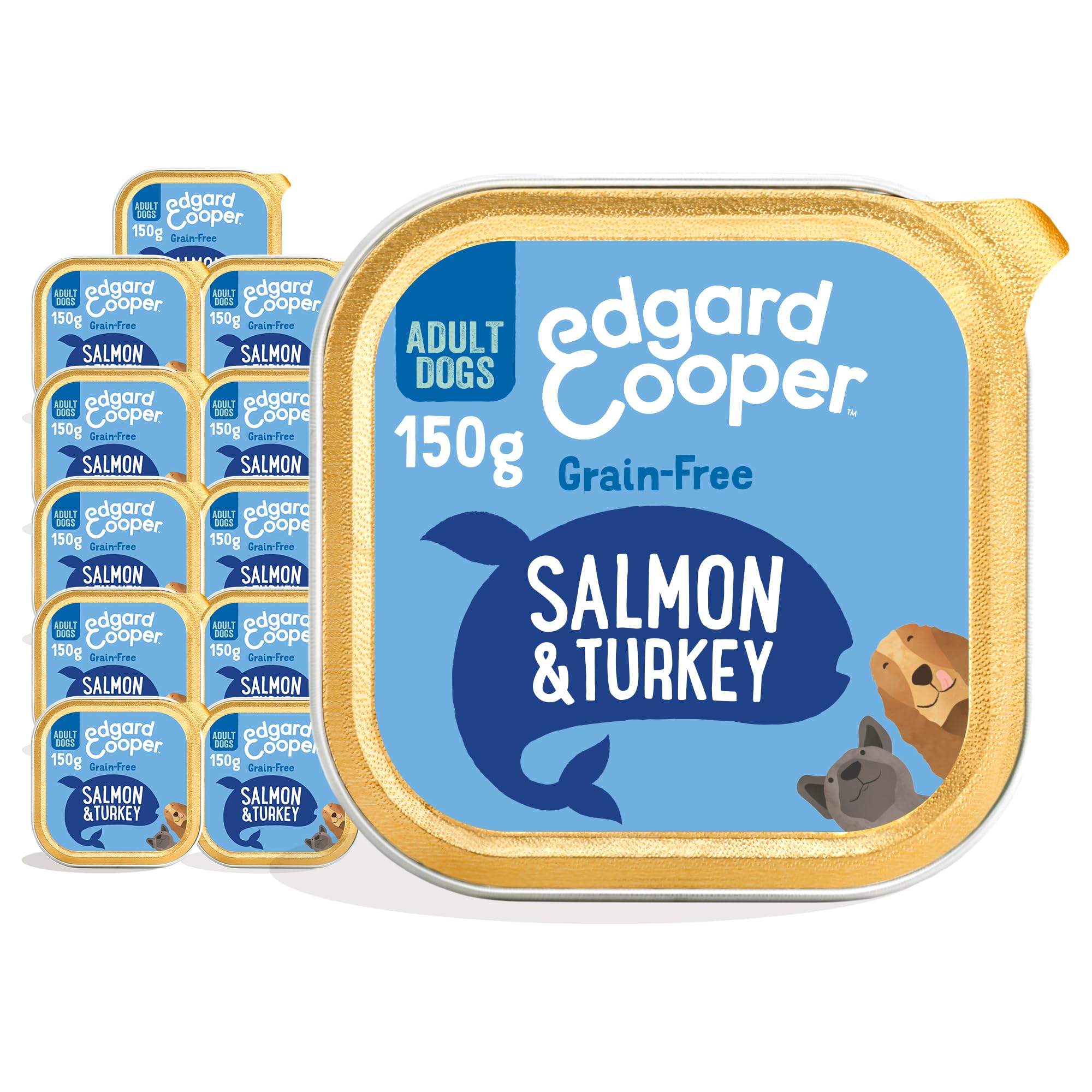 Edgard Cooper Adult Natural Wet Dog Food - Grain Free, Gluten Free, Salmon & Turkey Recipe (11 x 150g Cups) - High Protein with Fresh Meat & Essential Amino Acids for Digestive Health | Perfect for Sensitive Stomachs & Daily Meals