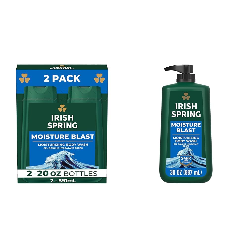 Irish Spring Moisture Blast Hydrating Body Wash for Men - 20 Fl Oz (Pack of 2) & 30 Oz Pump Bottle - Refreshing Shower Gel with Shea Butter & Aloe - Perfect for Daily Use & Gym Recovery