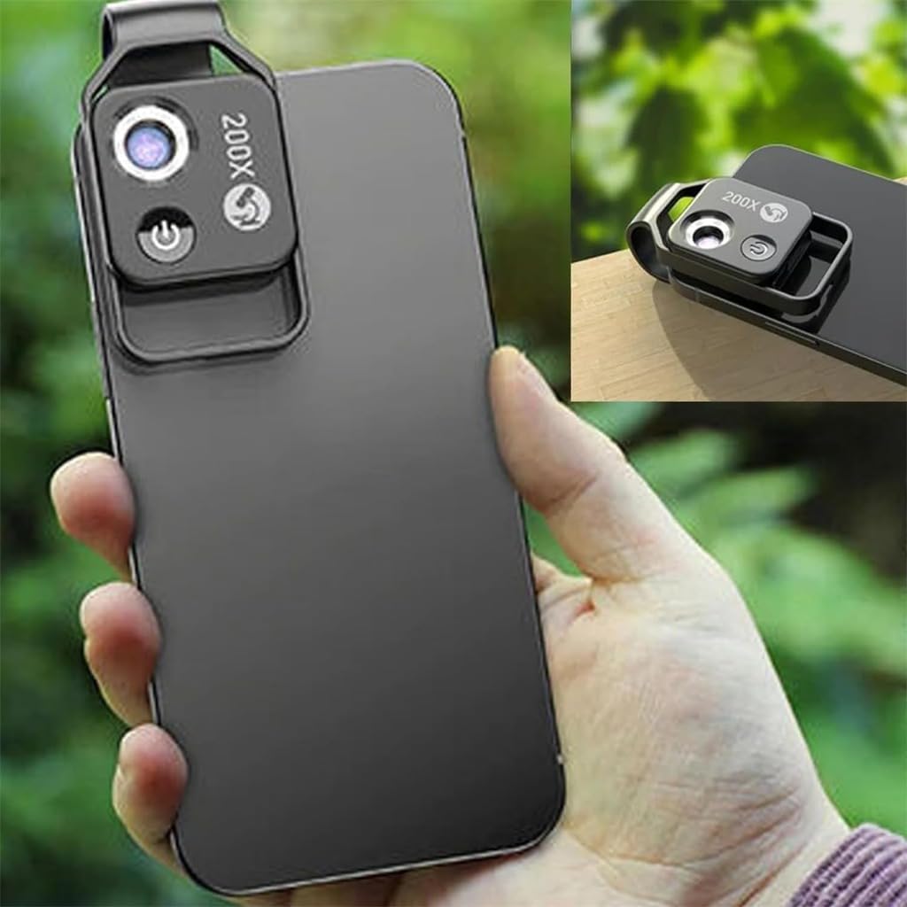 200X Nanozoom Phone Microscope Lens with CPL & LED Light - Universal Clip Attachment for iPhone Android - Perfect for Coin Collecting, Jewelry Inspection & Science Education (Black)