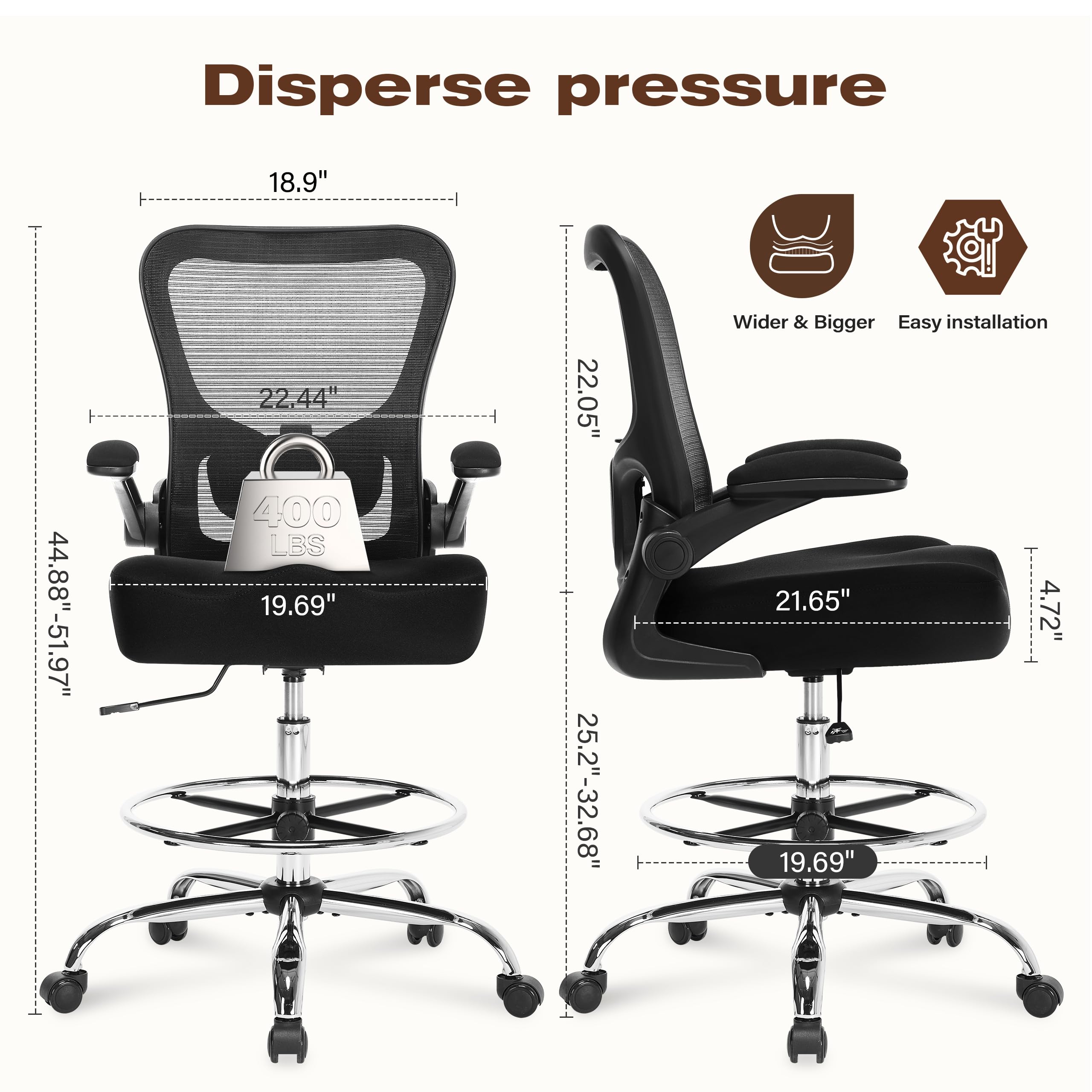 400LBS Heavy Duty Drafting Chair - Adjustable Lumbar Support & Footrest Ring, Extra Deep W-Shaped Cushion Office Chair with Breathable Mesh Back, Flip-Up Armrests for Standing Desks - Perfect for Architects, Designers & Home Office Workspaces