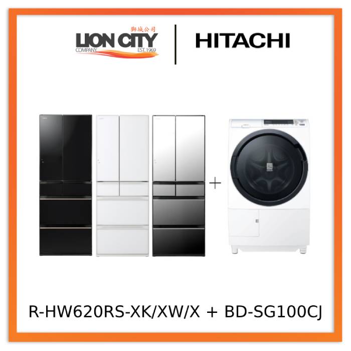 Hitachi R-HW620RS XK/XW/X 416L Multi-Door Refrigerator & BD-SG100CJ 10kg Front Load Washer Dryer Combo - Energy Efficient Appliances for Modern Homes, Perfect for Large Families and Smart Kitchens