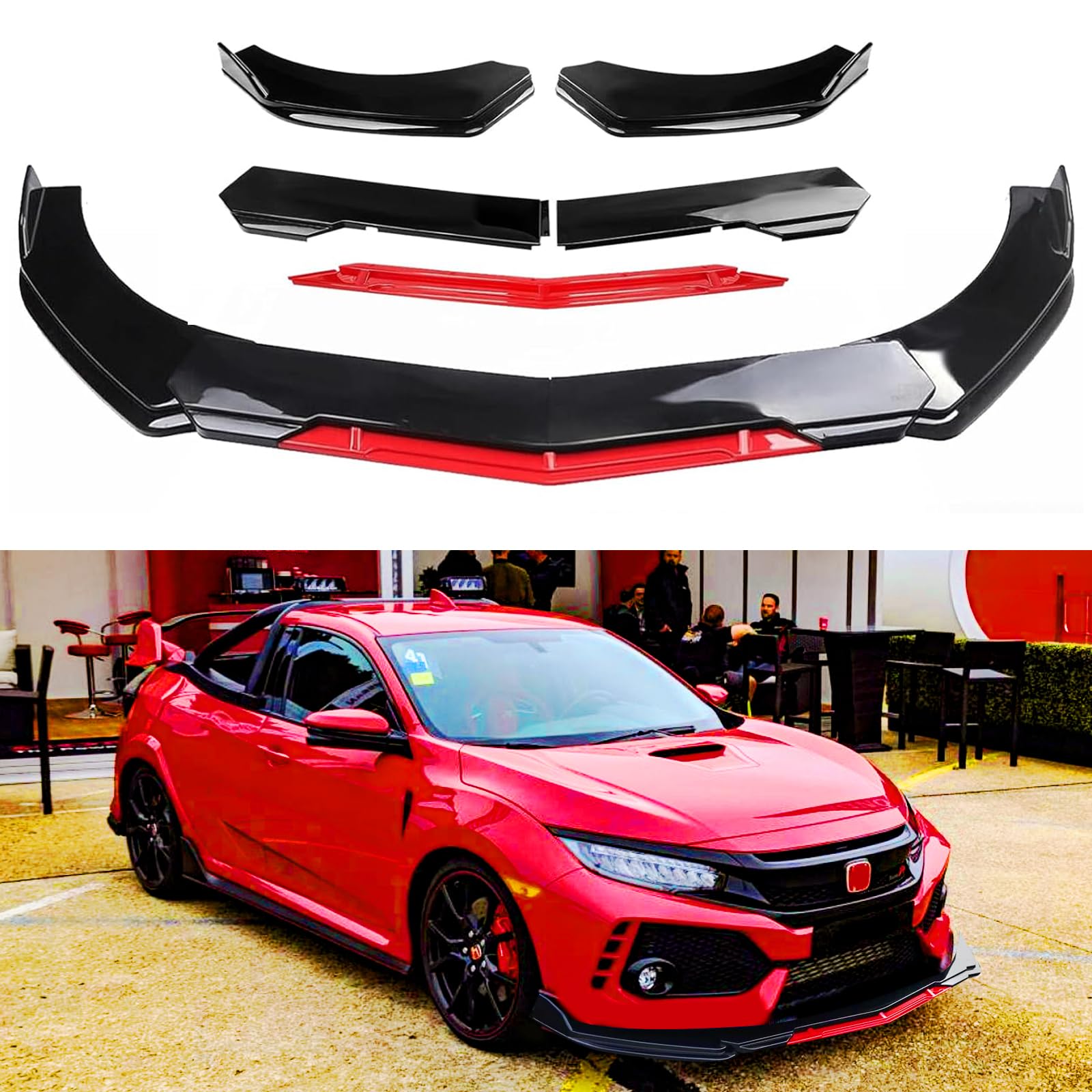 DREAMIZER Universal Car Front Lip Spoiler - Adjustable Front Bumper Lip Chin Splitter Diffuser Protector Body Kit - Fits Honda Nissan Toyota Mazda - Black with Red Trim - Enhances Aerodynamics & Street Style for Sports Cars & Tuner Vehicles