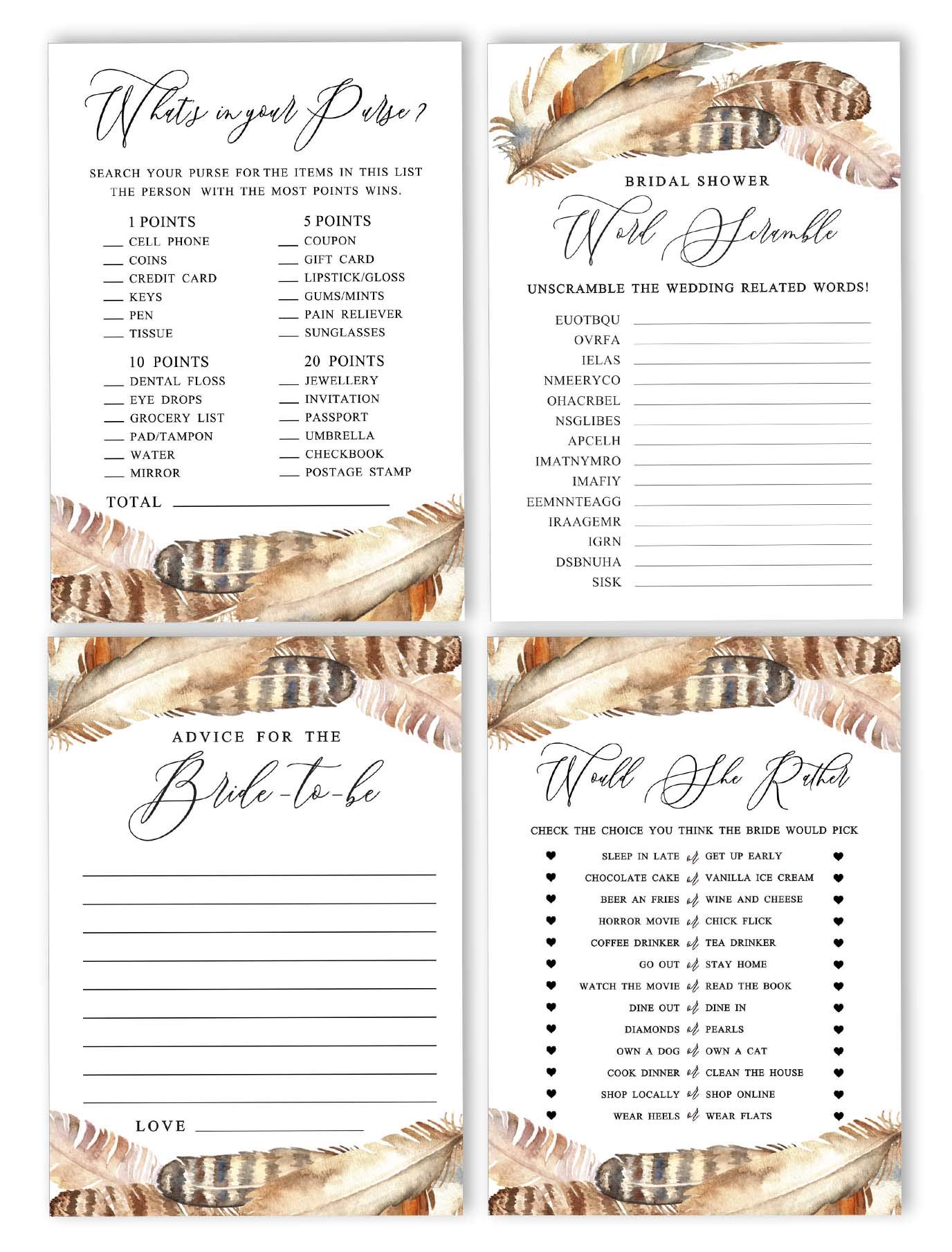 Bridal Shower Games Set of 4 (50 Sheets Each) - Fun Bachelorette Party Games Bundle with Feathers - Perfect for Wedding Showers, Girls' Night & Bachelorette Parties