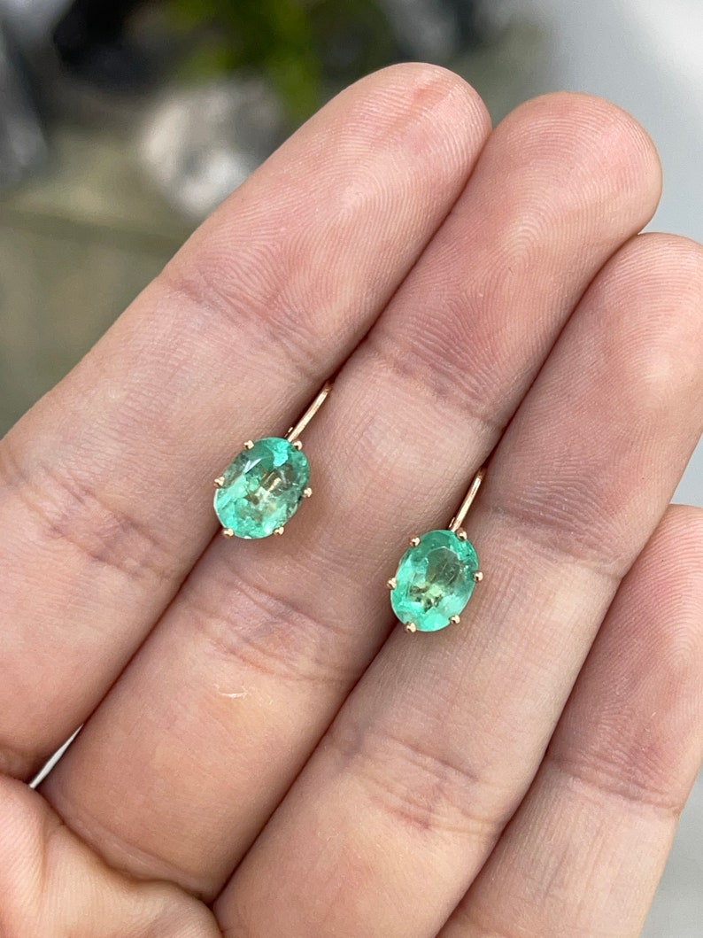 3.0tcw 14K Rose Gold Oval Cut Medium Green Colombian Emerald 6 Prong Lever Back Earrings for Women - Elegant Wedding, Anniversary & Evening Party Jewelry Gift