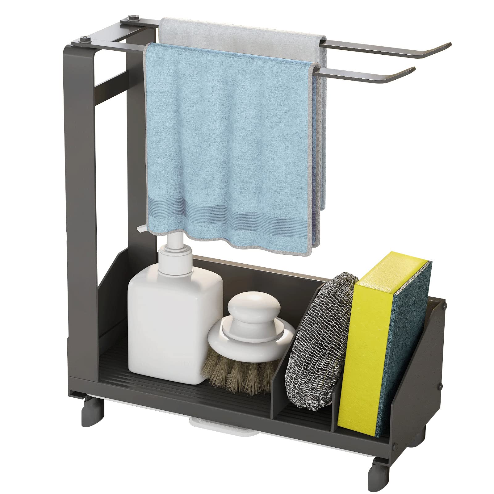 **Rustproof Sink Caddy Sponge Holder - Removable Drain Tray, Rotatable Dishcloth & Paper Towel Rack, No Drilling Required, Black (Aluminum + Carbon Steel) - Perfect for Kitchen Organization & Small Item Storage**