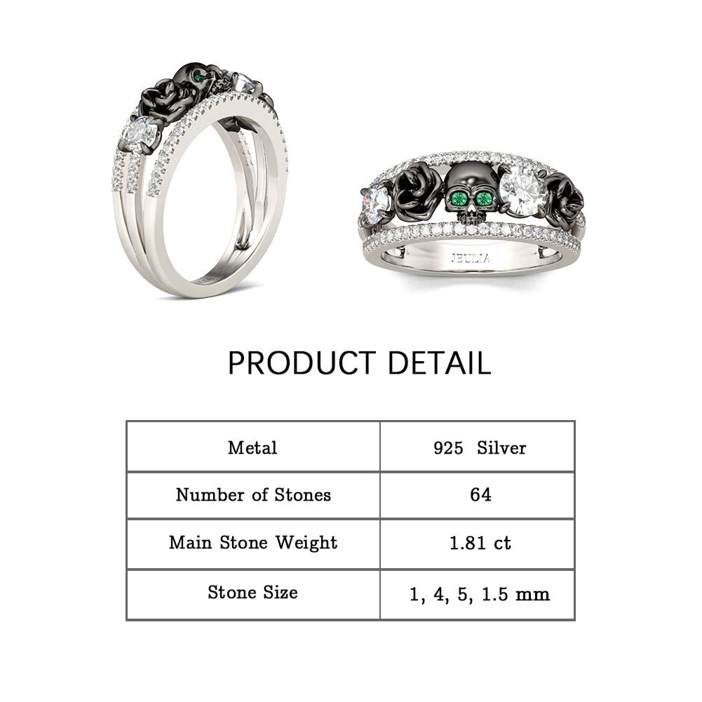 Jeulia Sterling Silver Skull Rings for Women & Men - Round Cut Diamond & Emerald Birthstone CZ Wedding Bands, Black Plated Floral Engagement Promise Rings with Jewelry Box - Perfect for Anniversary, Gothic Fashion & Alternative Jewelry Lovers