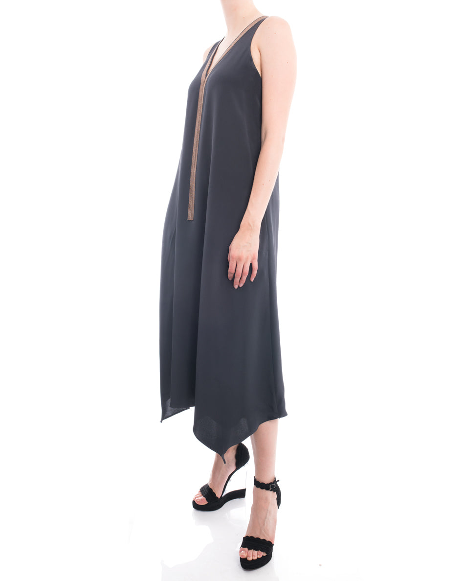Brunello Cucinelli Grey Silk Sleeveless Maxi Dress with Copper Bead Fringe - Size M | Elegant Evening Gown for Weddings, Galas & Special Occasions