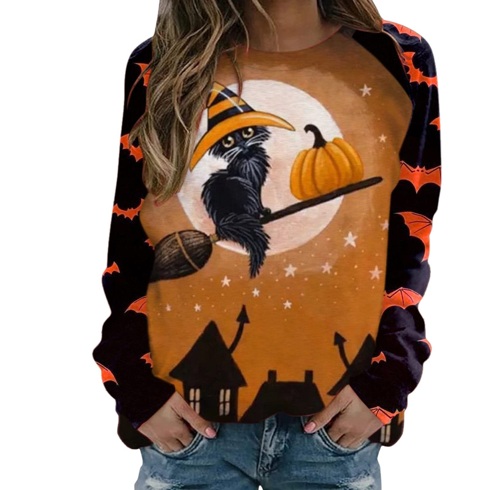 Funny Halloween Pumpkin Face Sweatshirt for Women Plus Size | Witch Themed Slouchy Long Shirt | Perfect for Halloween Parties, Costume Contests & Spooky Season Outfits