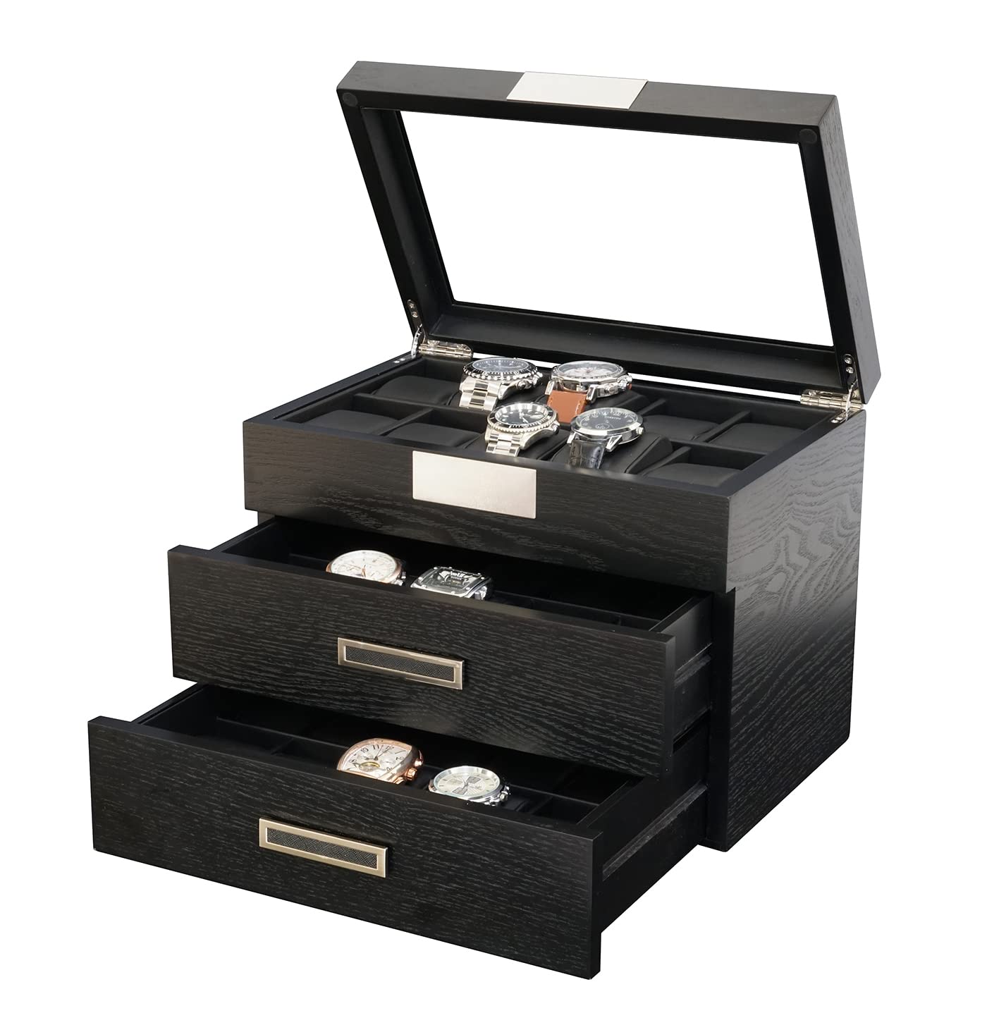 Premium 30-Slot Black Ebony Wood Watch Display Case with Glass Top - 3-Tier Jewelry Organizer with Stainless Steel Accents & 2 Drawers - Perfect for Watch Collections, Jewelry Storage & Retail Store Displays