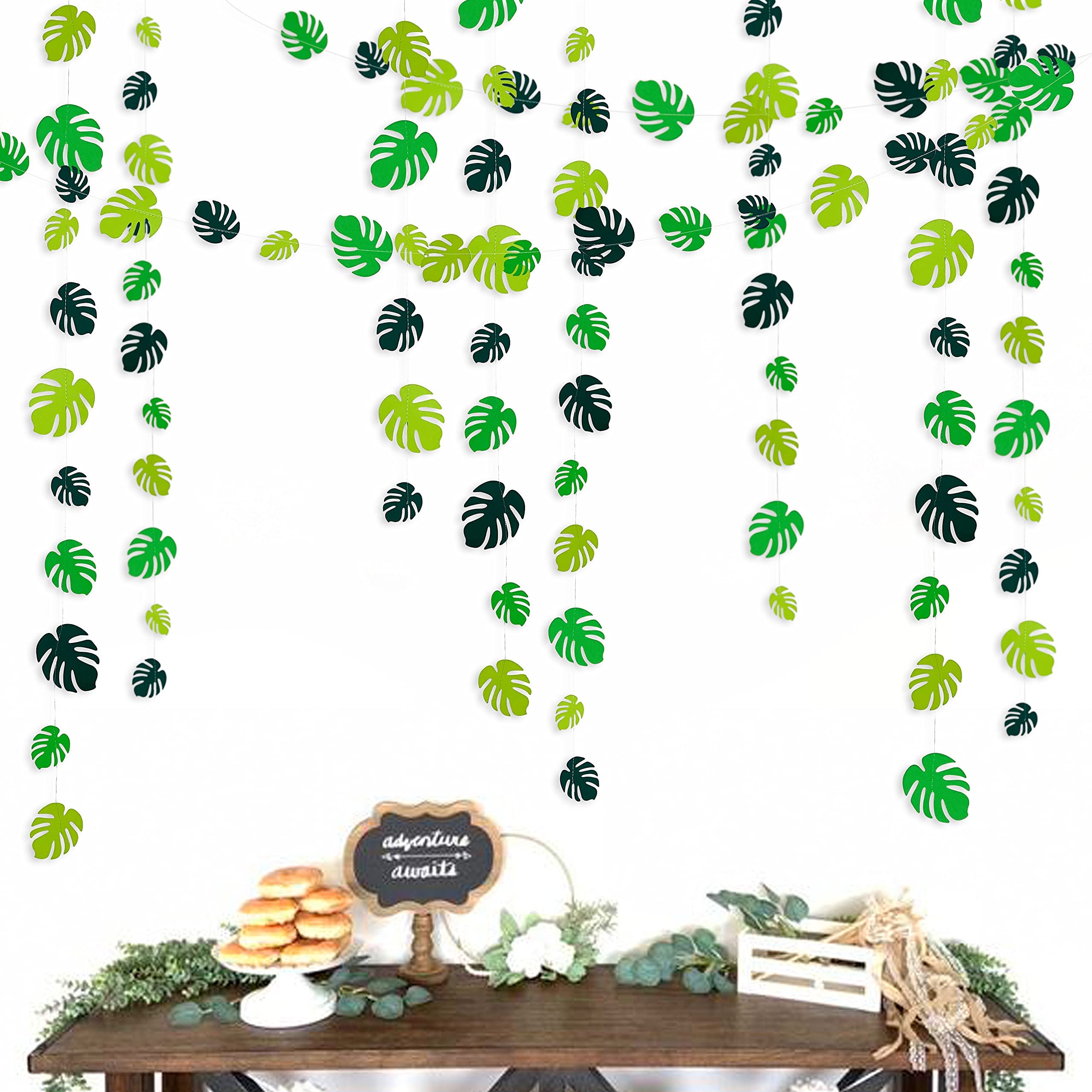 46 Ft Tropical Palm Leaves Garland - Hawaiian Luau Party Decor for Summer, Beach, Safari, Jungle Themed Events - Perfect for Birthday, Bachelorette, Wedding, Baby Shower & Bridal Showers - Durable Green Leaf Banner for Indoor/Outdoor Decorations