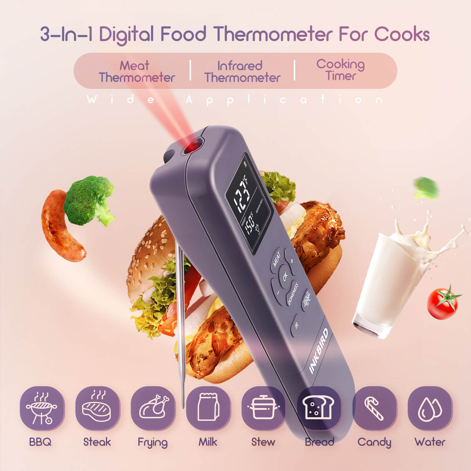 3-in-1 Instant Read Digital Meat Thermometer with Backlit LCD - Fast & Accurate Cooking Thermometer for Grilling, BBQ, Baking, and Kitchen Use
