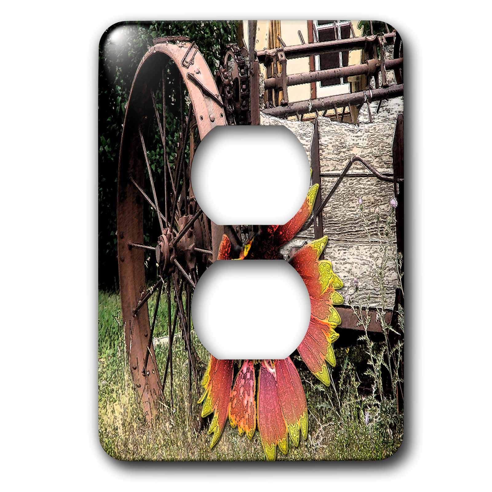 3D Rose Rustic Wagon Wheel Outlet Cover with Pink & Yellow Flower - Vintage Farmhouse Decor for Bedroom, Living Room & Kitchen Wall