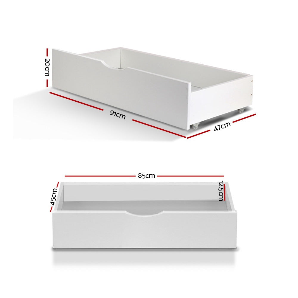 2-Pack White Wooden Storage Drawers Trundle for Single Bed Frame - Underbed Organization & Space Saving Solution for Bedroom, Dorm, or Guest Room