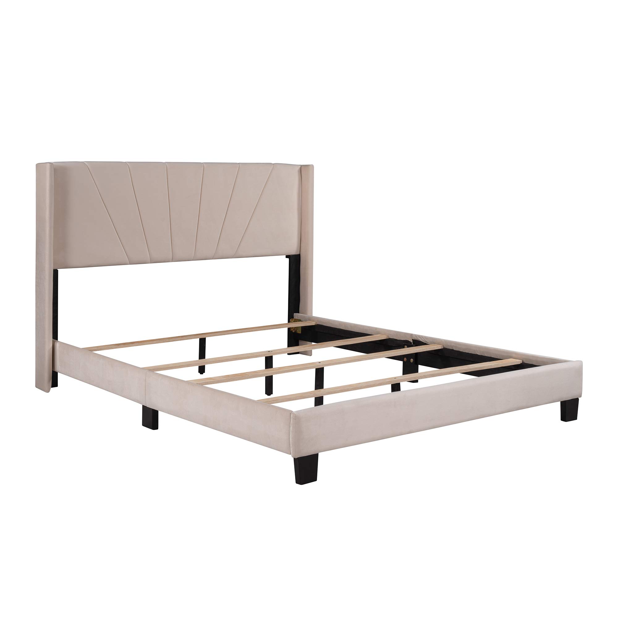Rhomtree Velvet Upholstered Queen Size Platform Bed Frame with Wingback Headboard - No Box Spring Needed, Easy Assembly, Beige - Perfect for Modern Bedrooms & Guest Rooms
