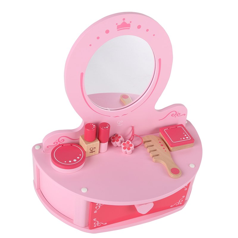 Hape Toys Petite Pink Vanity Toy - Wooden Beauty Desk with Drawer, Mirror & Pretend Makeup Kit for Girls | Includes Hairbrush, Lipstick, Compact, Perfume & Puffs | Perfect for Pretend Play, Dress Up & Role Play Games (Ages 3+)