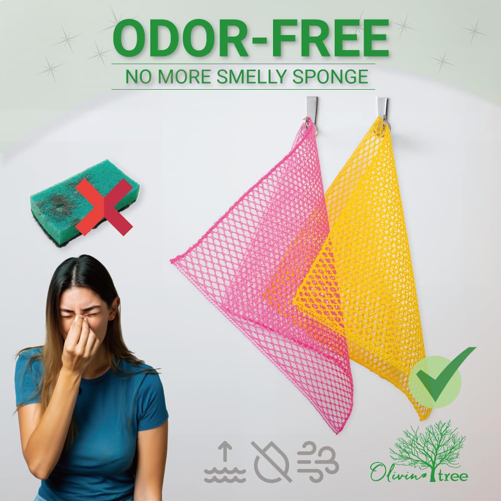 Olivia Tree 5-Pack Premium Dish Washing Net Cloths - Quick Dry Scrubber Sponge for Pots, Pans & Dishes (11x11 Inch) - Durable Kitchen Cleaning Pads for Easy Stain Removal & Grease Cutting
