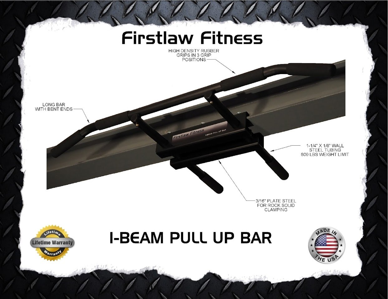 600 LBS Weight Limit Heavy Duty I-Beam Pull Up Bar - Straight Long Bar with Durable Rubber Grips - Black Label - Made in USA - Perfect for Home Gym, CrossFit & Strength Training