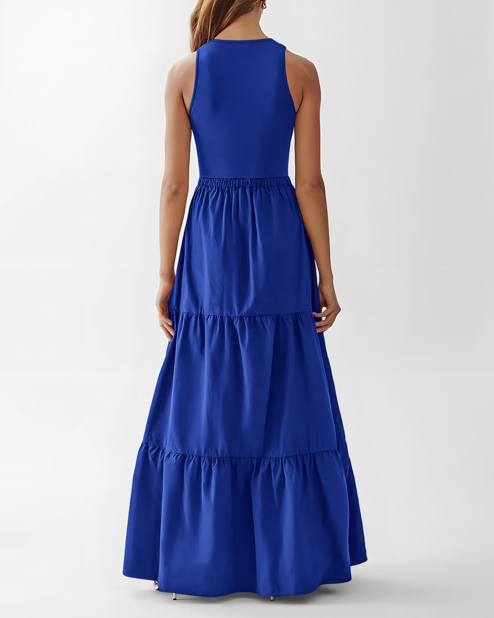 BTFBM Women's Sleeveless Summer Dress - Elegant Wedding Guest Maxi Dress with Ribbed Knit Top & Polyester Skirt with Pockets | Perfect for Beach Vacations, Garden Parties & Casual Outings