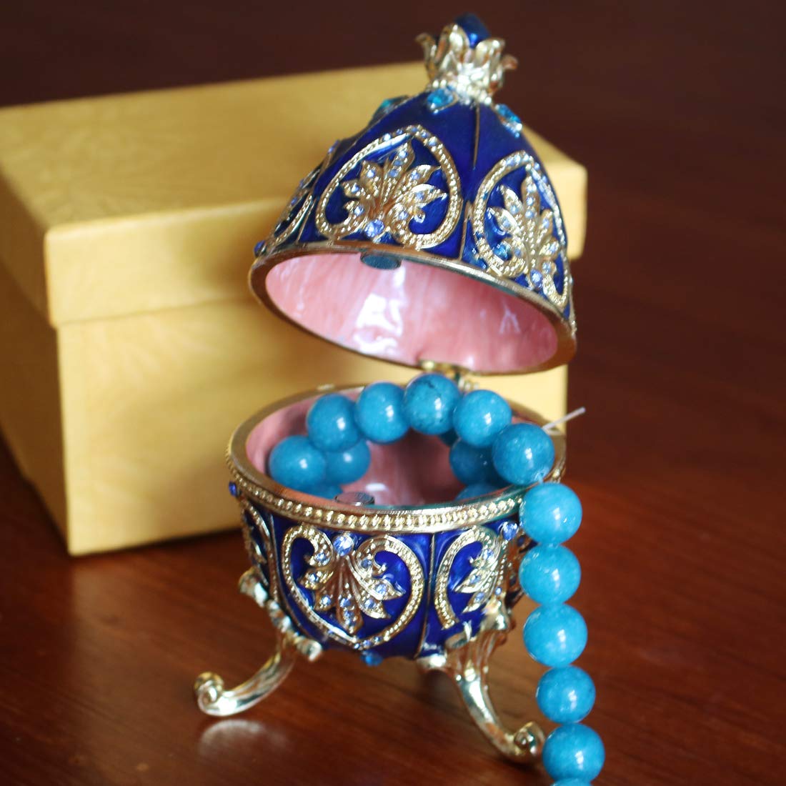 Hand-Painted Crystal Easter Faberge Egg Jewelry Box - Nevsky Romanov Style Hinged Trinket Box for Rings & Small Treasures | Alexander Palace Collection | Elegant Home Decor & Gift Idea for Easter, Weddings & Special Occasions (Blue)