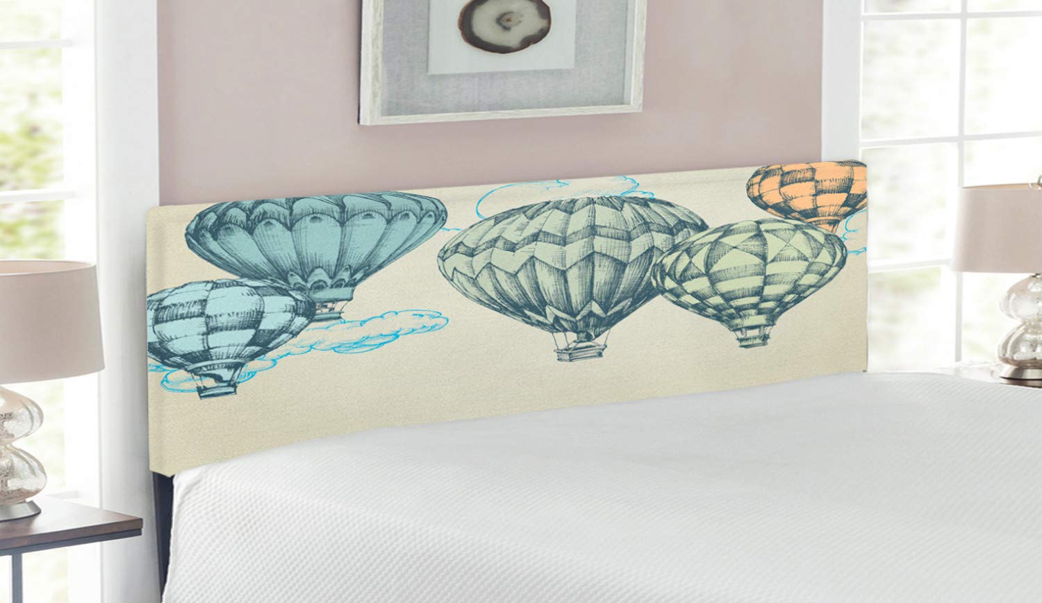 Ambesonne Vintage Upholstered Headboard - Queen Size Soft Tone Hot Air Balloon Sky Print, Decorative Metal Bed Frame with Memory Foam in Green & Blue | Perfect for Bedroom Decor, Guest Room & Airbnb Styling