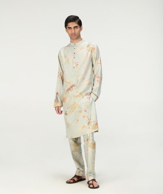 Bade Miyan Kurta for Men - Premium Muga Satin Silk Kurta in Ice Blue - Perfect for Festivals, Weddings & Special Occasions