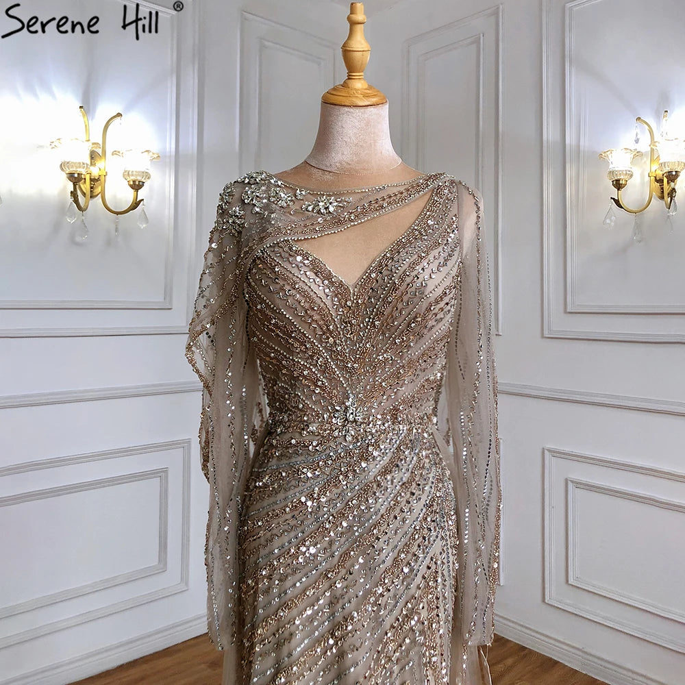 Luxury Dubai Brown Mermaid Evening Dress with Beaded Elegant High Slit - Formal Gown for Prom, Wedding & Red Carpet Events - LA70301L