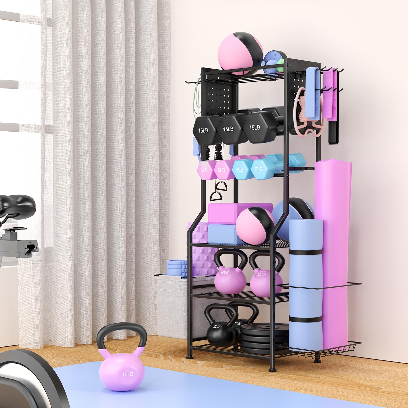Dumbbell Rack for Home Gym - Heavy Duty Weight Storage Organizer for Dumbbells, Kettlebells, Yoga Mats & Strength Training Equipment with Peg Board - Perfect for Garage, Basement & Home Workout Spaces