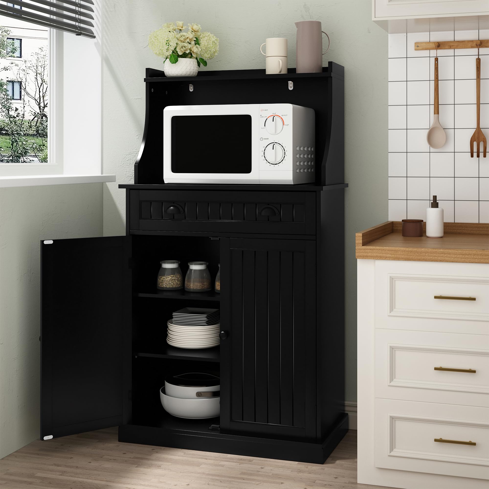 ARTPOWER 54 Inch Kitchen Microwave Stand with Storage Drawers & Adjustable Shelves, Pantry Cabinet with Hutch for Kitchen, Dining Room, Living Room - Perfect for Small Space Organization & Home Decor (Black)