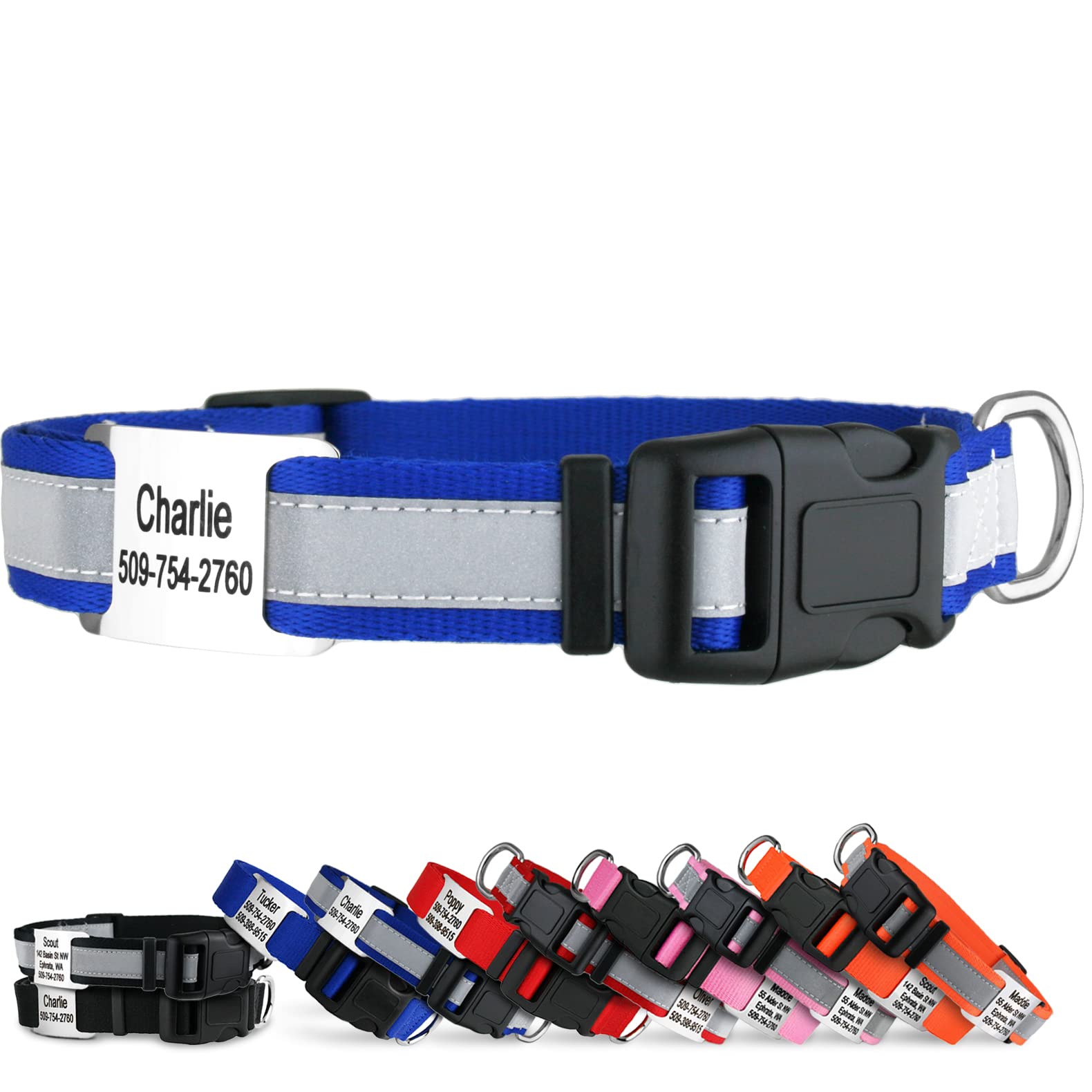 GoTags Reflective Personalized Dog Collar with Engraved Nameplate - Adjustable Pet Collar with Silent Custom Steel ID Tag for Small, Medium & Large Dogs (Blue, Medium) | Perfect for Night Walks & Outdoor Adventures