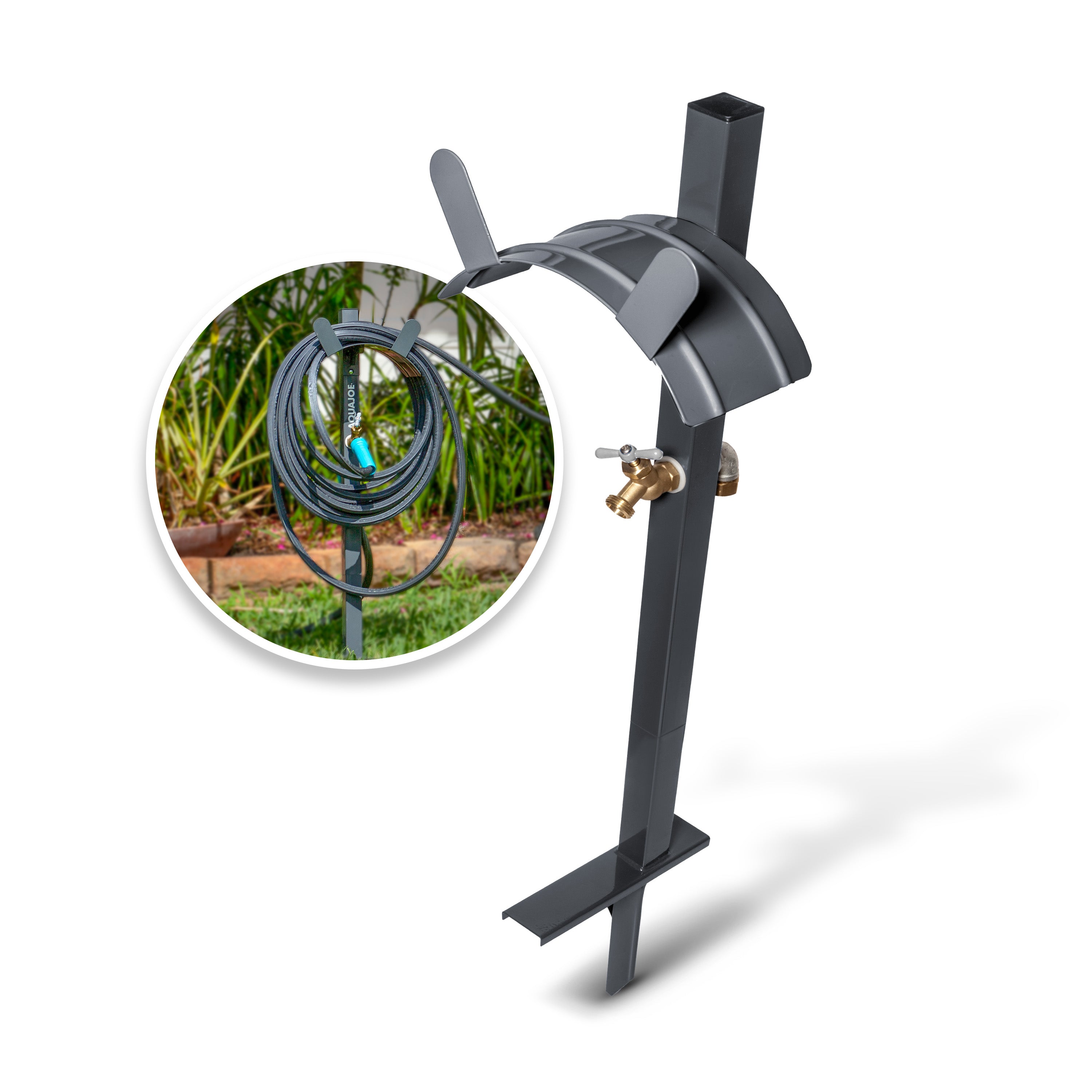 Aqua Joe SJ SHSBB GRY Heavy Duty Garden Hose Stand with Brass Faucet - Holds Up to 125 Feet of Hose (Gray) | Perfect for Backyard, Garden, and Outdoor Watering