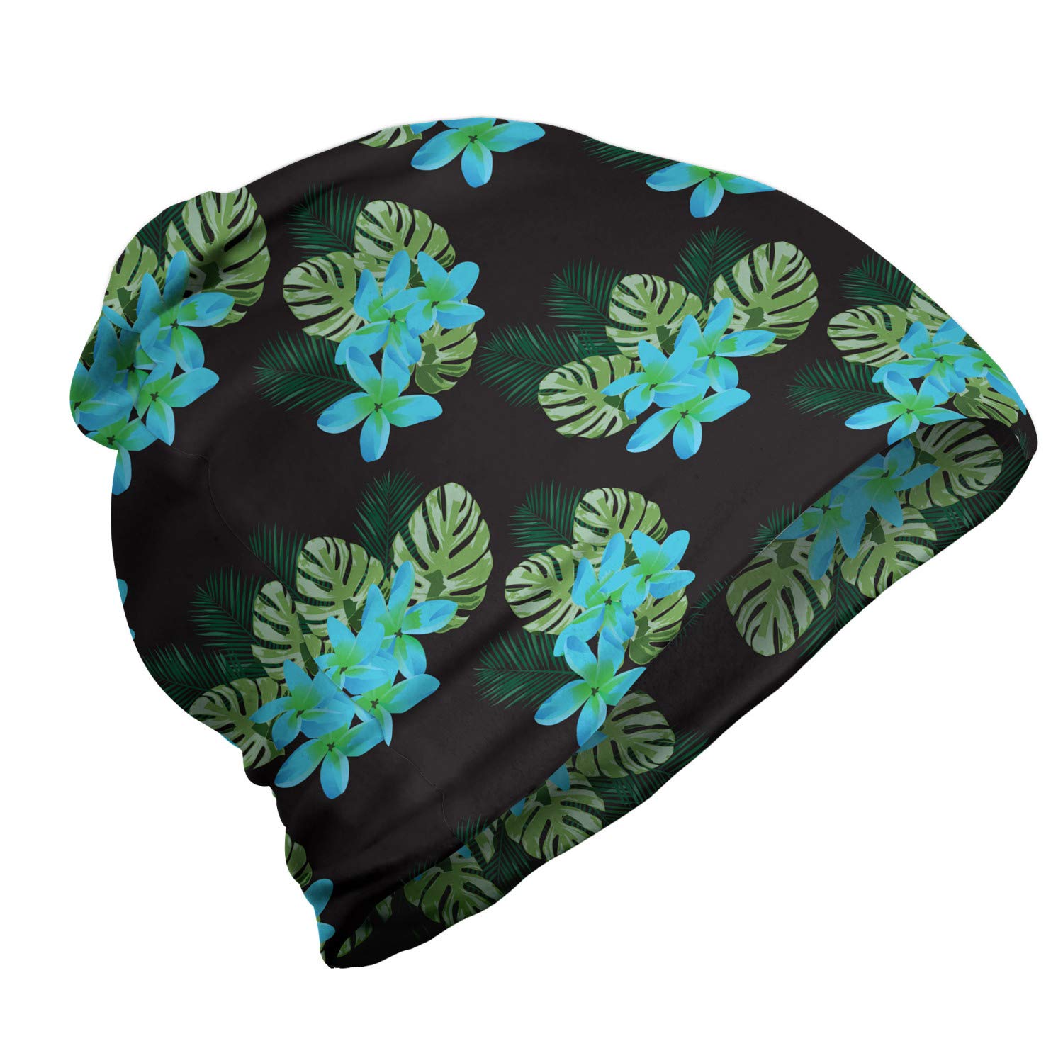 Ambesonne Unisex Beanie - Exotic Leaves & Plumeria Design, Warm Winter Knit Hat for Men & Women, Perfect for Hiking, Camping & Outdoor Activities