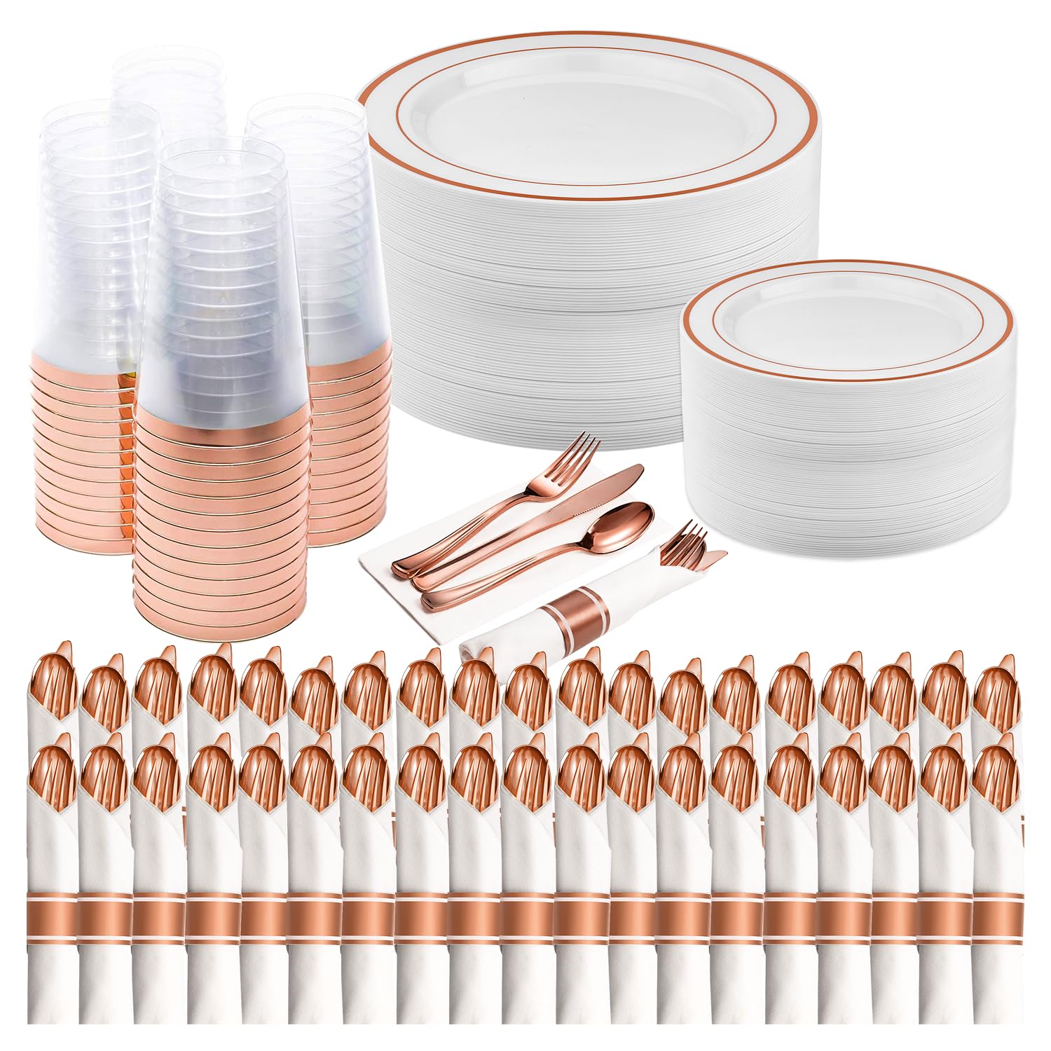 Prestee Rose Gold Disposable Dinnerware Set - 350-Piece Plastic Party Tableware for 50 Guests, Includes Plates, Cups, Forks, Knives & Spoons - Perfect for Weddings, Baby Showers, Birthday Parties & Outdoor Dining Events