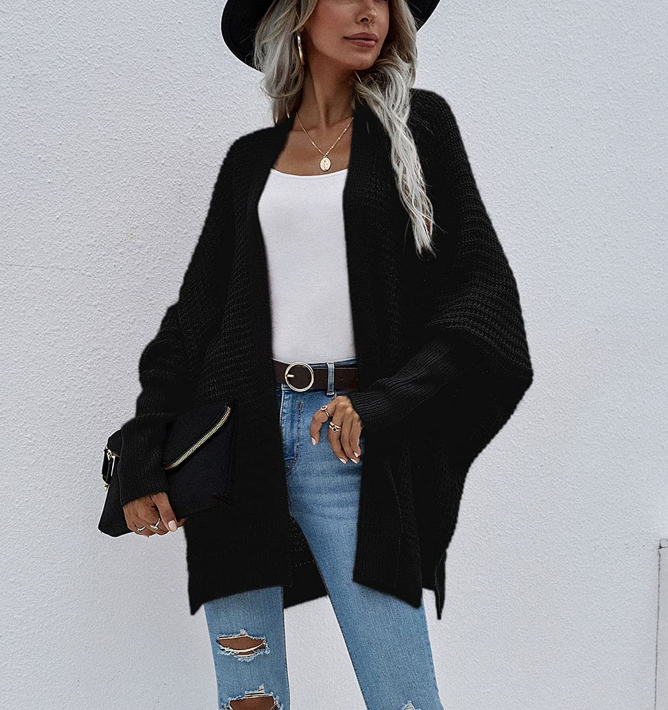 Women's Waffle Knit Cardigan - Ribbed Cuffs & Open Front Batwing Sweater - Long Sleeve Loose Fit Chunky Coat for Casual Wear | Perfect for Fall Layering, Coffee Dates & Cozy Home Outfits