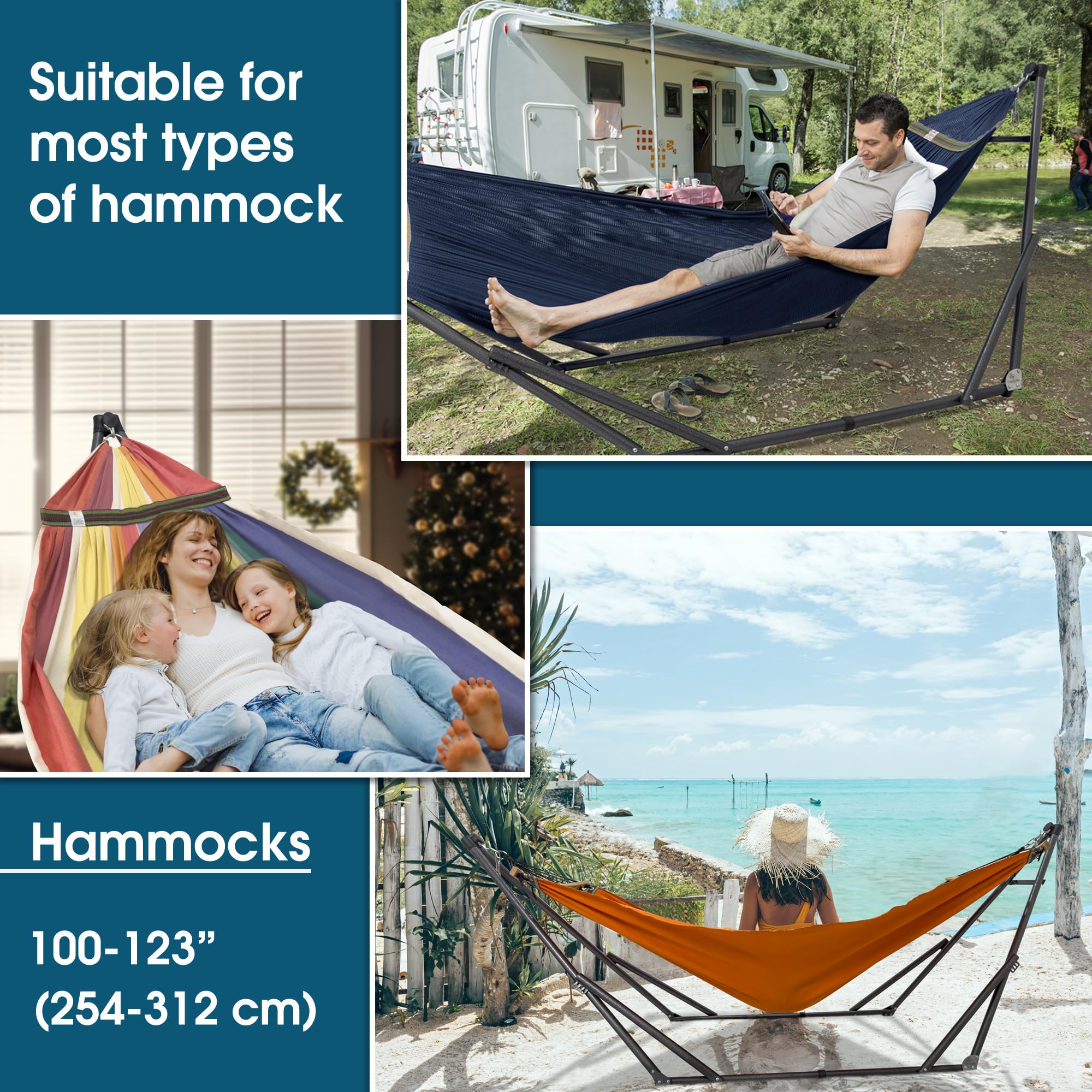 Tranquillo Adjustable & Collapsible Hammock Stand - 600 lb Capacity Steel Frame for 2 Person Camping - Premium Pre-Assembled Indoor/Outdoor Hammock with Anti-Flip Design (Aegean Blue) - Perfect for Backyard Relaxation, Beach Trips and Patio Lounging