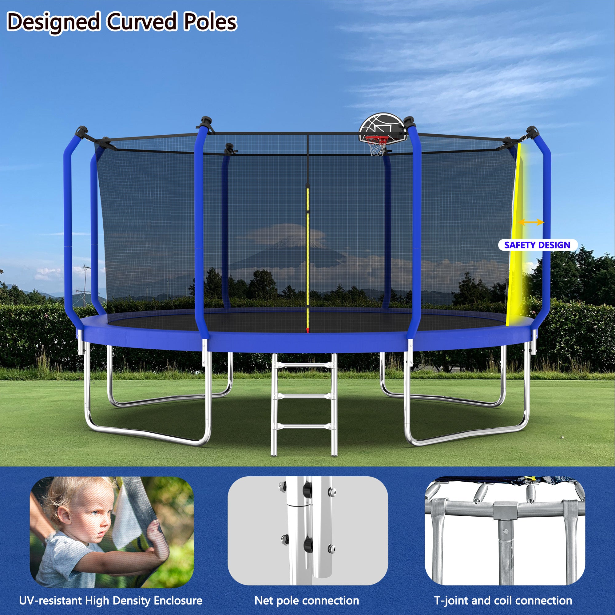 14FT Outdoor Trampoline with Basketball Hoop - ASTM Approved Heavy Duty Jumping Mat & Safety Enclosure Net for Backyard Fun | Perfect for Kids, Family Exercise & Outdoor Recreation Activities