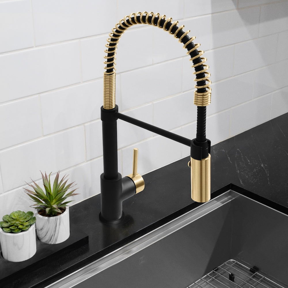 ZLINE Autograph Edition Sierra Pull Down Spring Single Handle Kitchen Faucet in Matte Black & Champagne Bronze - High Arc Commercial Style for Modern Farmhouse & Industrial Kitchens (SRA KF ZMBCB)