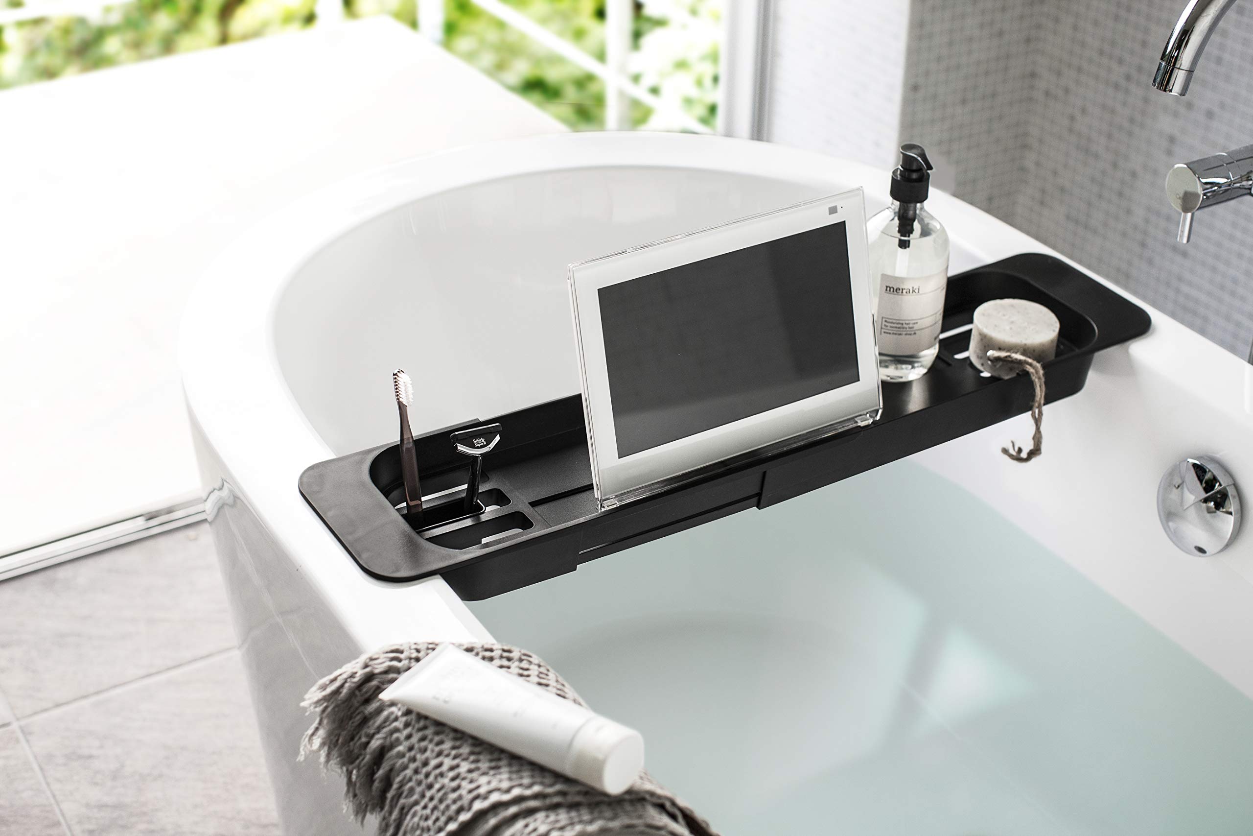 Yamazaki Home Expandable Bathtub Caddy - Bamboo Bath Tray with Adjustable Width, Book & Wine Holder for Relaxing Bath Time - Perfect for Spa Days, Reading & Self-Care Moments